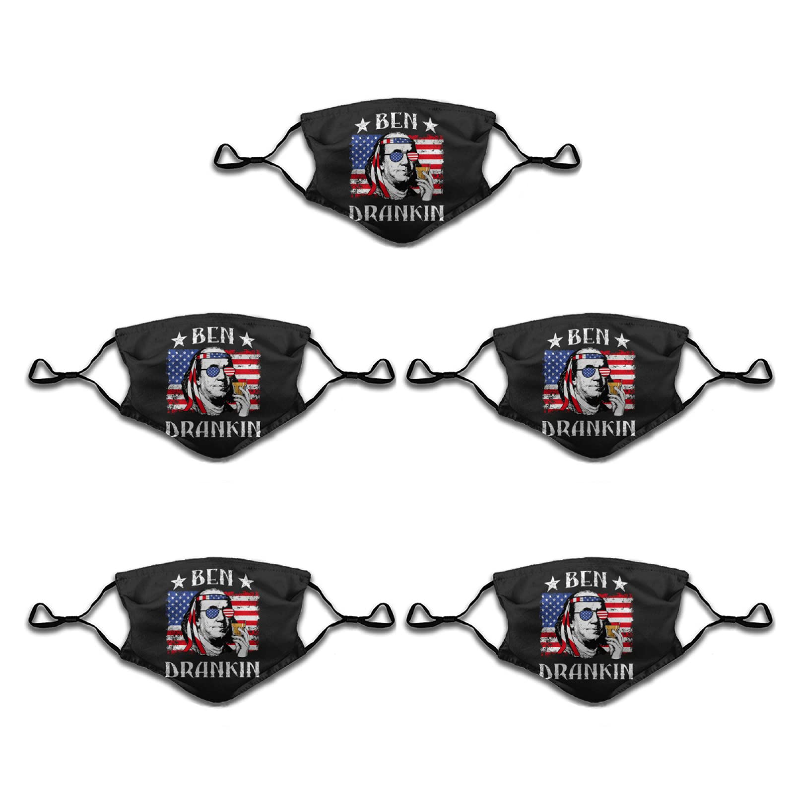 Ben Franklin Funny Face Masks Set of 5 - Reusable Cloth Bandanas with 10 Filters for Adults & Kids - Unisex Cotton Scarf for Outdoor Activities, Parties & Costume Events