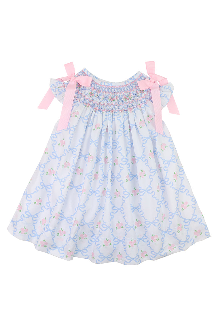 Cecil & Lou Girls Smocked Dress with Pink and Blue Bouquet Ribbon - Perfect for Birthday Parties, Easter, and Special Occasions