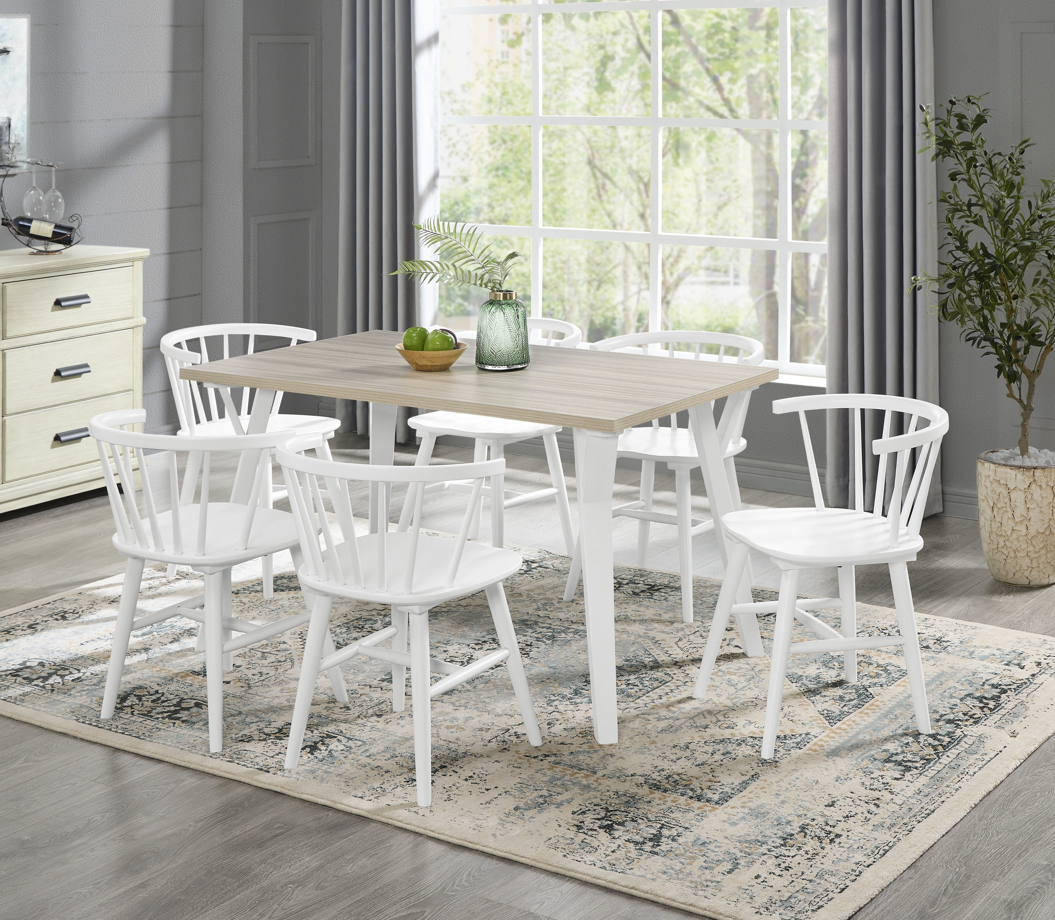 Roundhill Furniture Alwynn 7-Piece Dining Set - White & Natural Wood Dining Table with 6 Windsor Chairs for Kitchen, Dining Room & Breakfast Nook