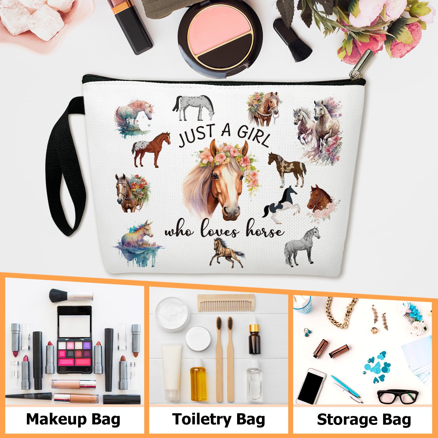 Equestrian Makeup Bag for Women - Horse Lover Cosmetic Pouch with Zipper, Travel Toiletry Organizer for Purse - Perfect Birthday Gift for Teen Girls, Wives & Daughters - Great for Horse Shows, Travel & Everyday Use