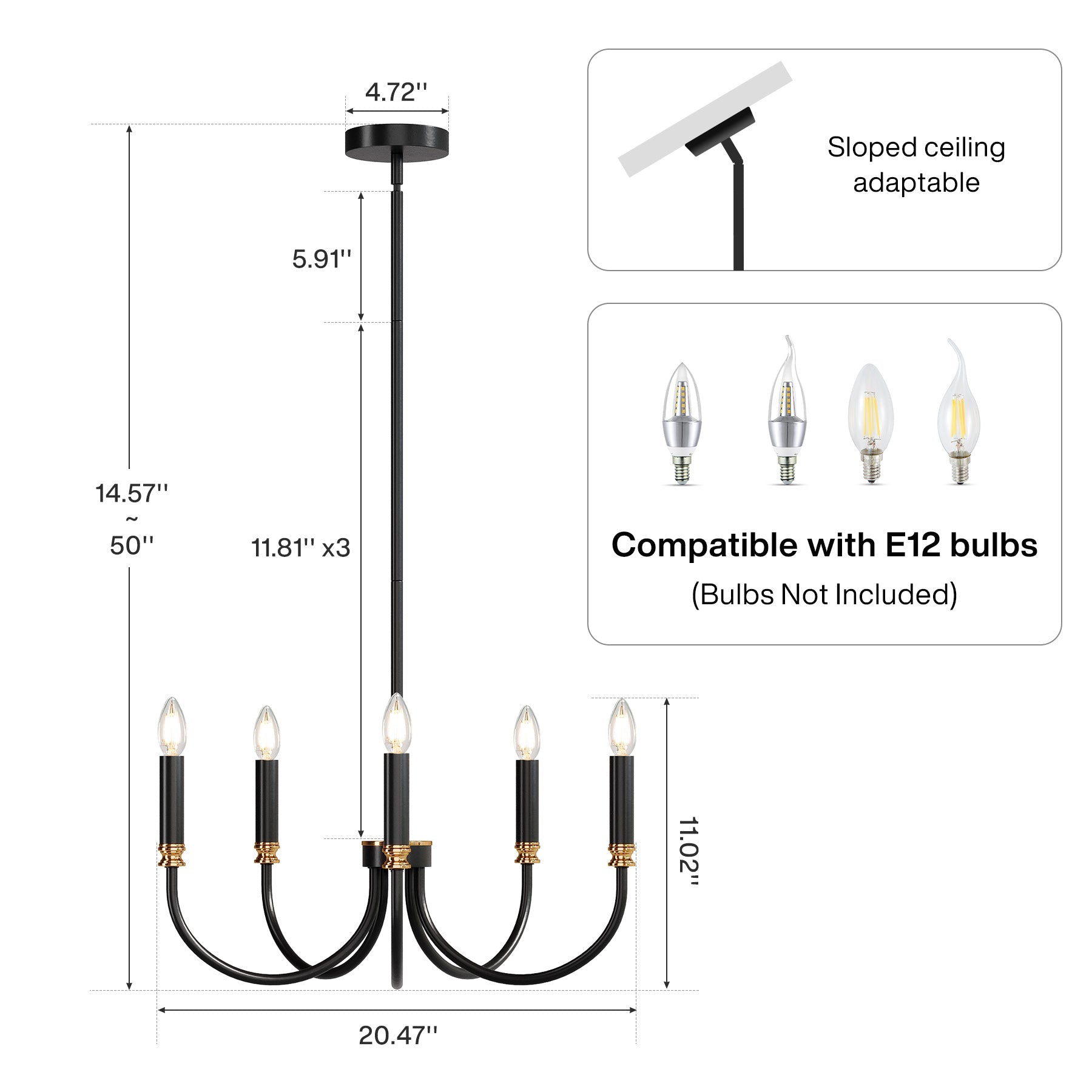 5-Light Modern Chandelier - Elegant Candle-Style Hanging Pendant Light Fixture for Dining Room, Bedroom or Living Room Decor