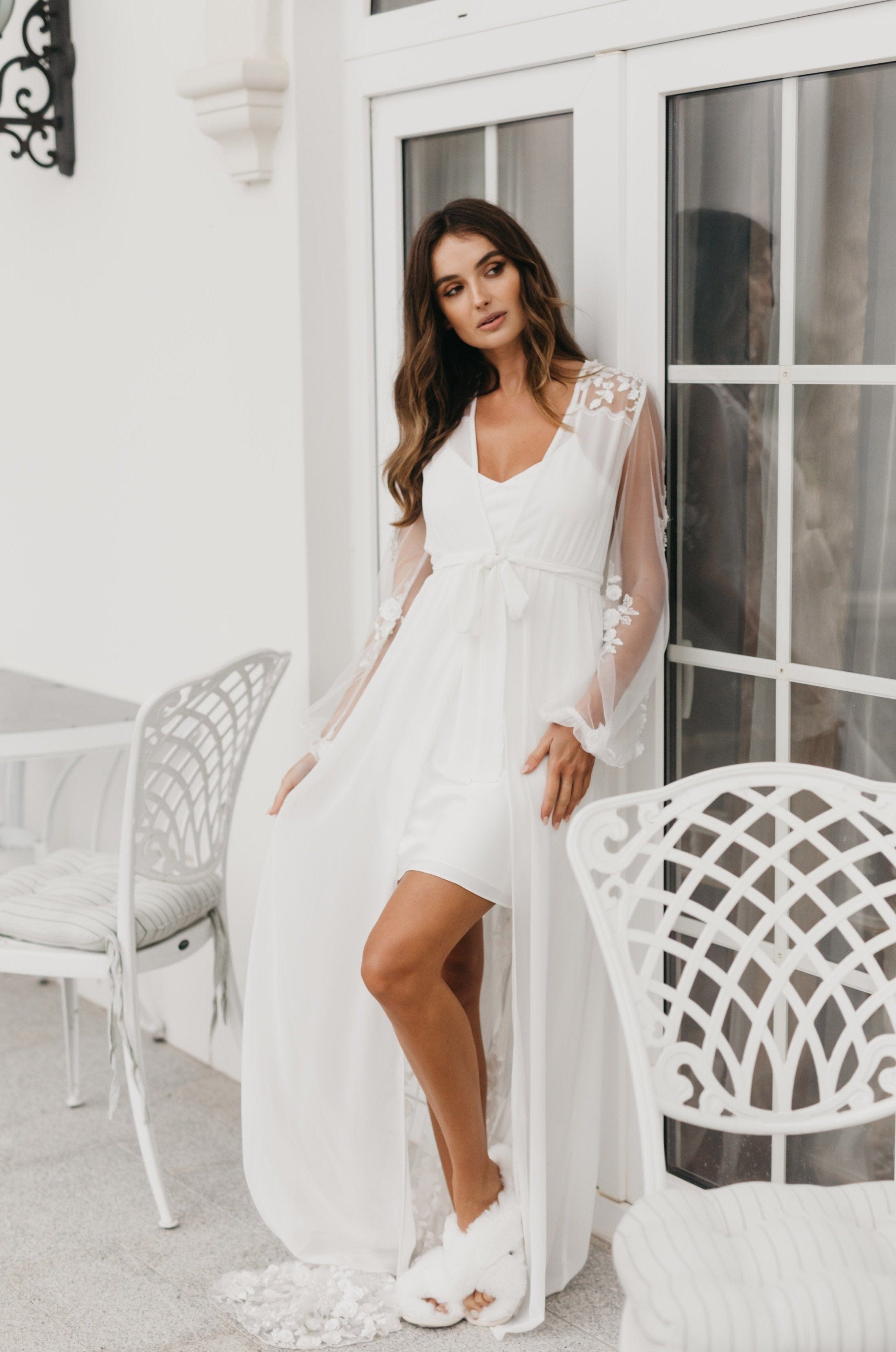 Amara Beaded Floral Lace Maxi Bridal Robe with Train & Slip - Elegant Wedding Gown for Bride, Bridesmaids & Photoshoots | Perfect for Ceremony, Reception & Honeymoon