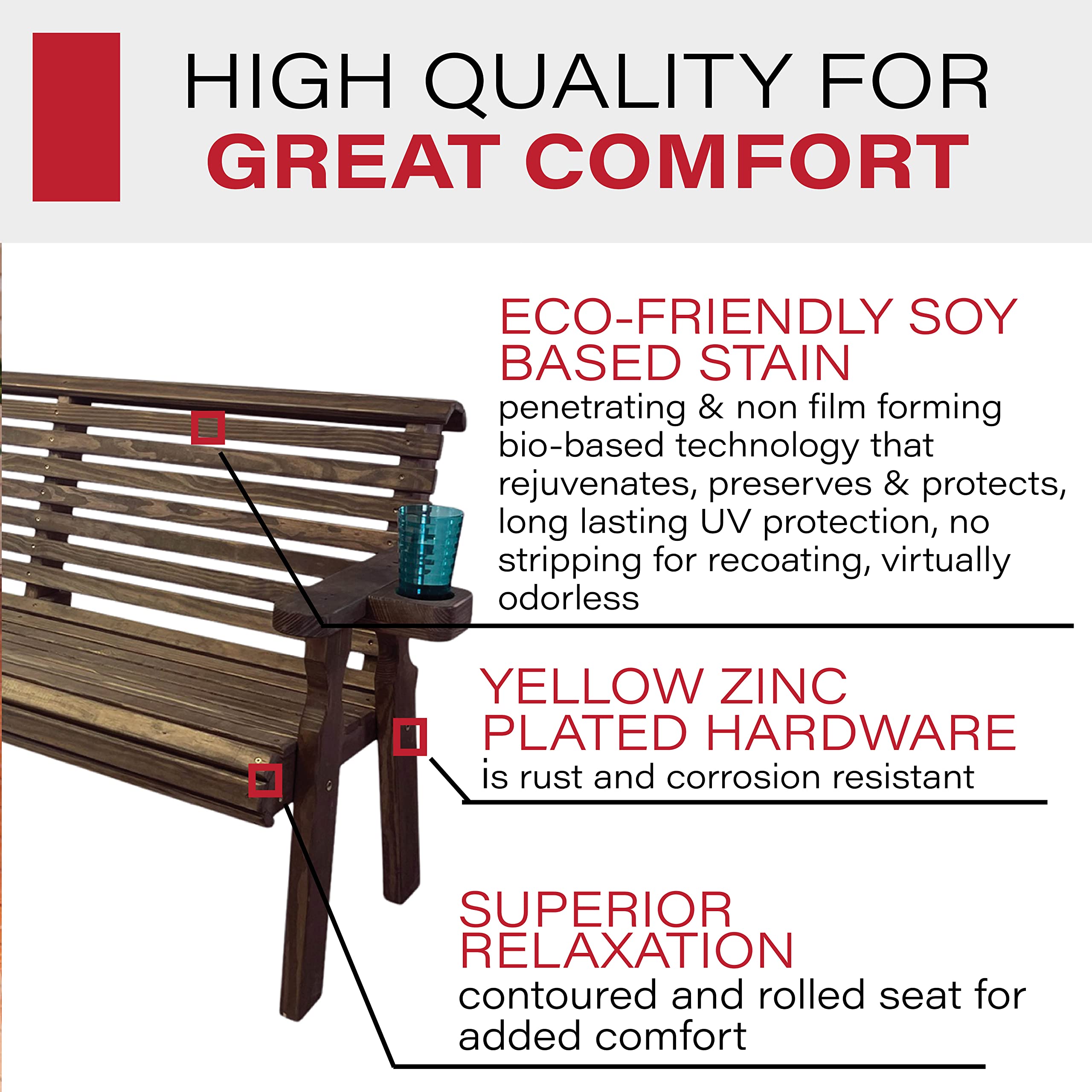 Amish Crafted Heavy Duty 4FT Outdoor Garden Bench with Cup Holders - Pressure Treated Dark Walnut Roll Back Design, 700LB Weight Capacity for Patio, Deck, Porch, and Backyard Relaxation