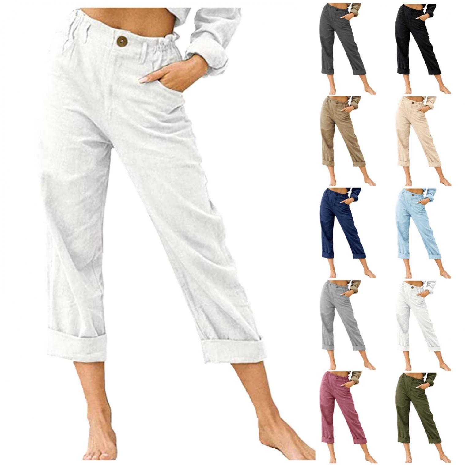 Women's Casual Cotton Linen Pants with Elastic Waist & Back Drawstring - Comfortable Summer Trousers for Work, Travel & Everyday Wear