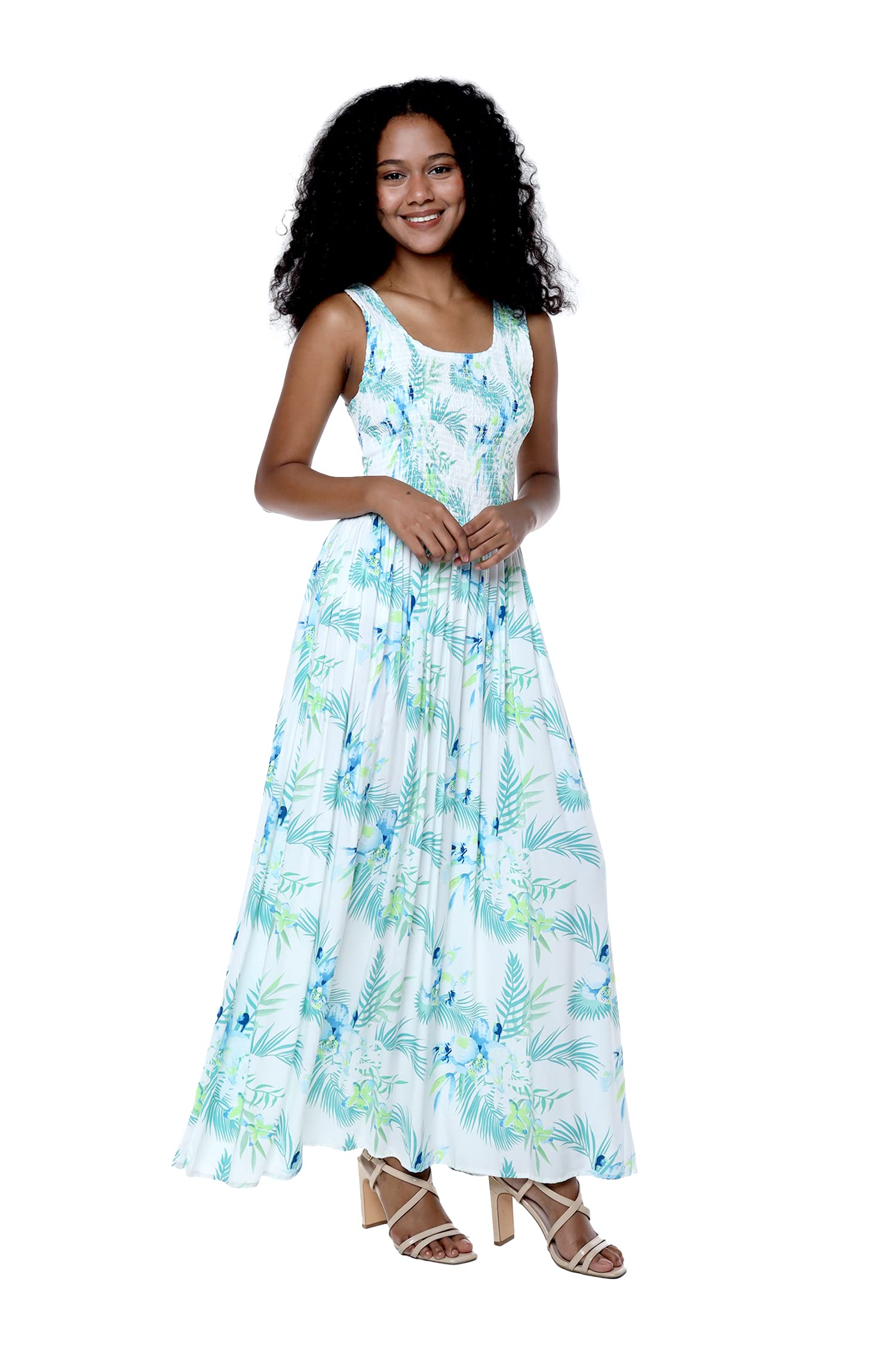 Women's Floral Hawaiian Maxi Dress - Elastic Tank Luau Dress for Beach, Summer, and Vacation Wear