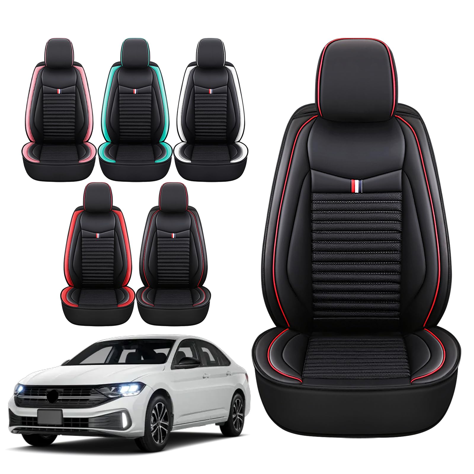 Premium Leather Car Seat Covers for Volkswagen Jetta 2000-2025 - Universal Anti-Slip Design Fits Most Sedans, SUVs & Trucks - Black Red Bars Pattern - Perfect for Daily Commute, Road Trips & Vehicle Protection - Great for Office Workers, Family Travel & Long Distance Driving
