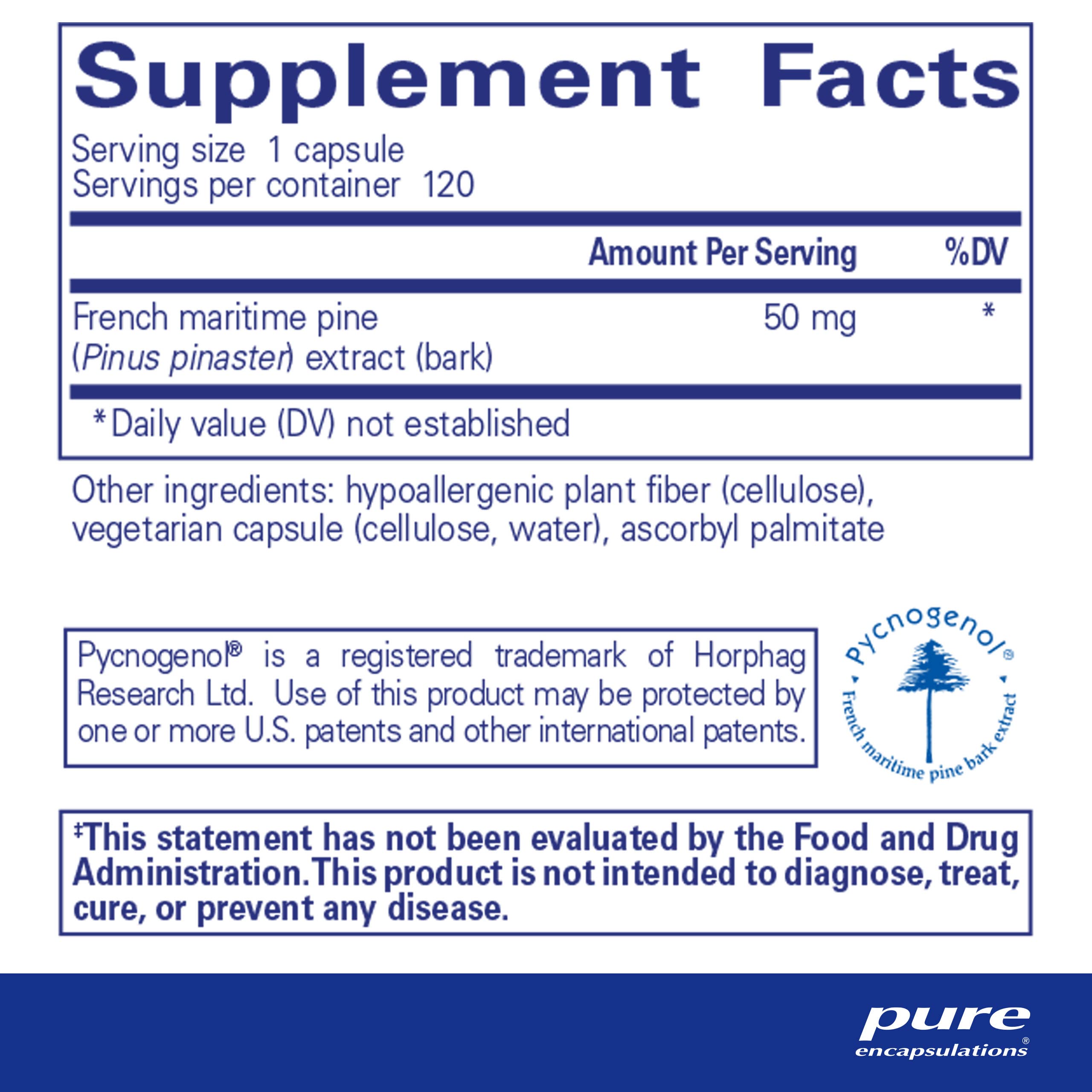 Pure Encapsulations Pycnogenol 50mg (Pine Bark Extract) - 120 Capsules | Hypoallergenic Supplement for Brain Health, Memory Support & Heart Circulation | Antioxidant-Rich Cognitive Booster for Students, Professionals & Seniors | Supports Cardiovascular Wellness & Mental Clarity