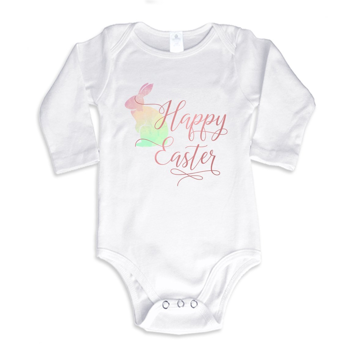 Happy Easter Watercolor Bunny Long Sleeve Bodysuit for Baby Girls & Boys - Soft Cotton Easter Outfit for Spring Photos, Egg Hunts & Family Gatherings