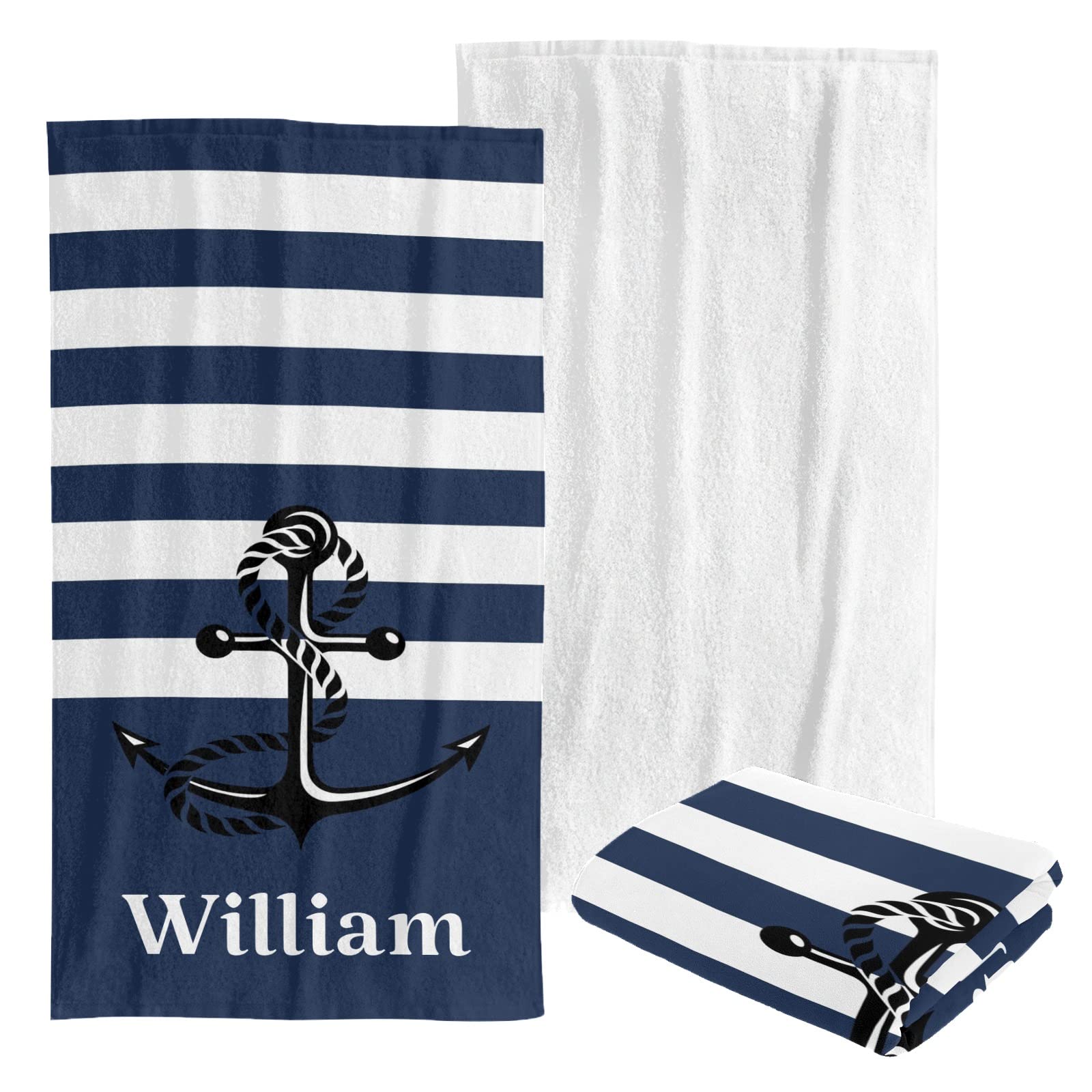 Custom Personalized Beach Towel - Soft Quick-Dry Bath Towel for Swimming, Sunbathing & Travel - Nautical Anchor Striped Design for Kids, Men & Women - Perfect for Pool, Beach & Vacation Gifts