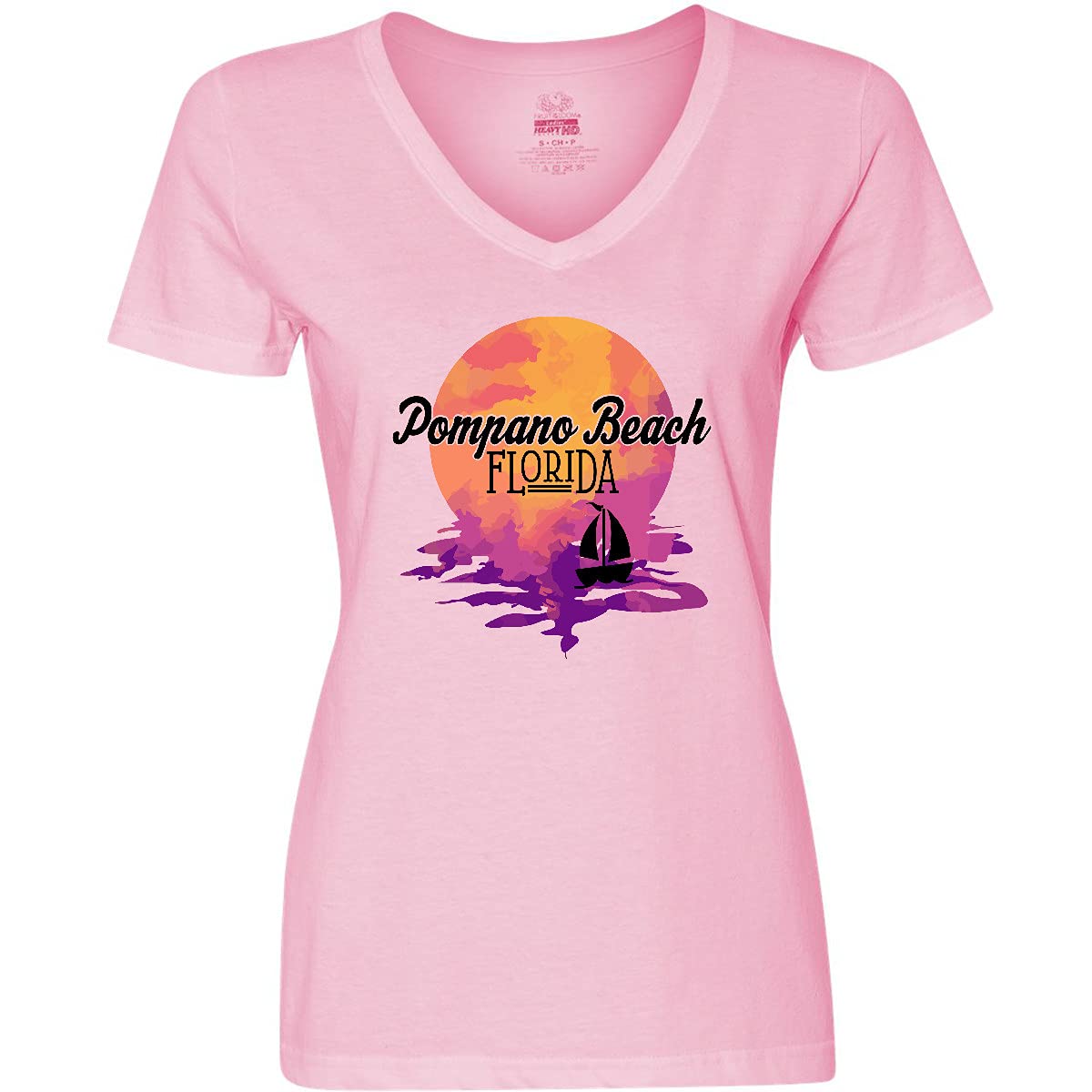Inktastic Pompano Beach Florida Vacation Sunset Women's V-Neck T-Shirt - Soft Casual Tee for Beach Outings, Summer Travel & Relaxing in Style