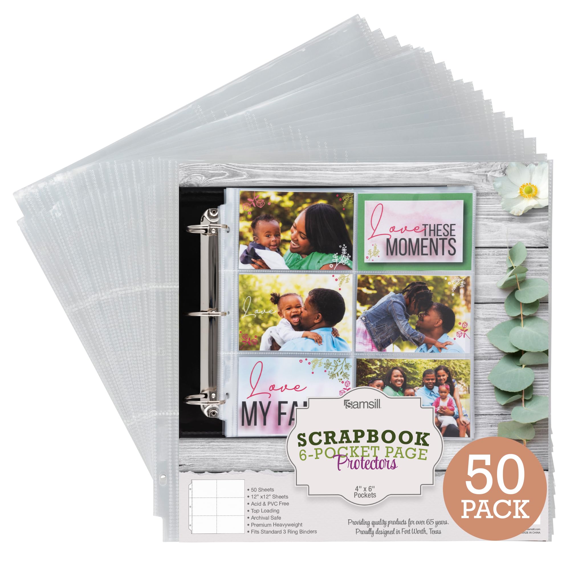 Samsill 12x12 Inch Scrapbook Refill Pages - 6 Pocket Top-Loading Design, Holds 12 (4x6 Inch) Photos - 50 Pack Heavy-Duty Clear Pages for 3-Ring Binders & Photo Albums - Perfect for Memory Keeping, Wedding Albums, and Family Photo Preservation
