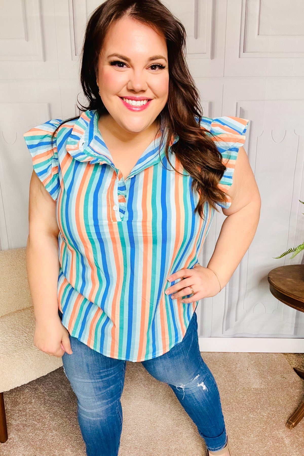 Happy Thoughts Sky Blue Striped Frill Button Down Blouse for Women - Casual Office Wear & Spring Summer Fashion Outfits