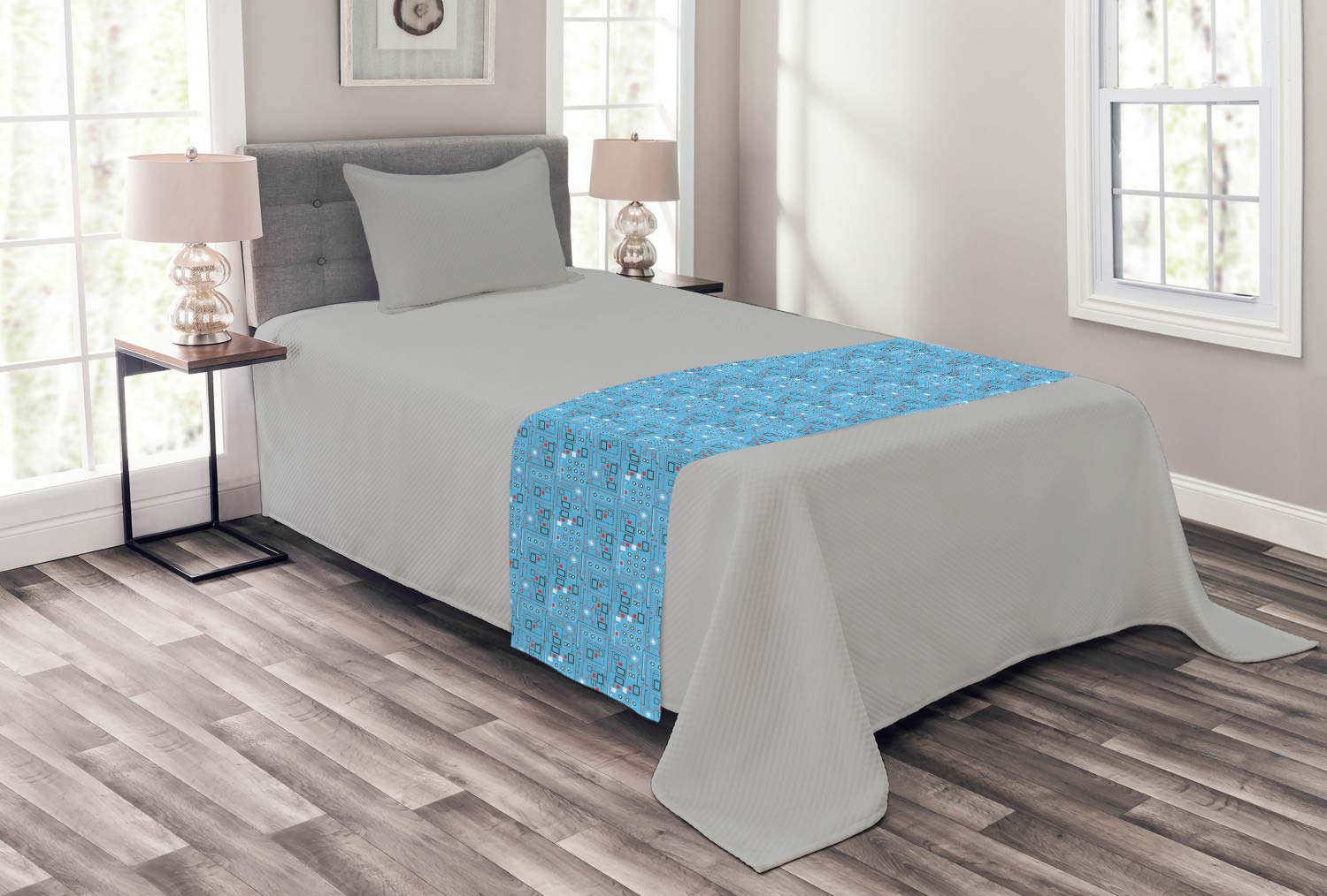Ambesonne Modern Geometric Bed Runner - Lines, Dots & Circles Industrial Print Decorative Bedding Scarf | Turquoise Red White Accent for Hotels, Homes & Guest Rooms | Perfect for Contemporary Bedroom Decor & Luxury Hotel Styling