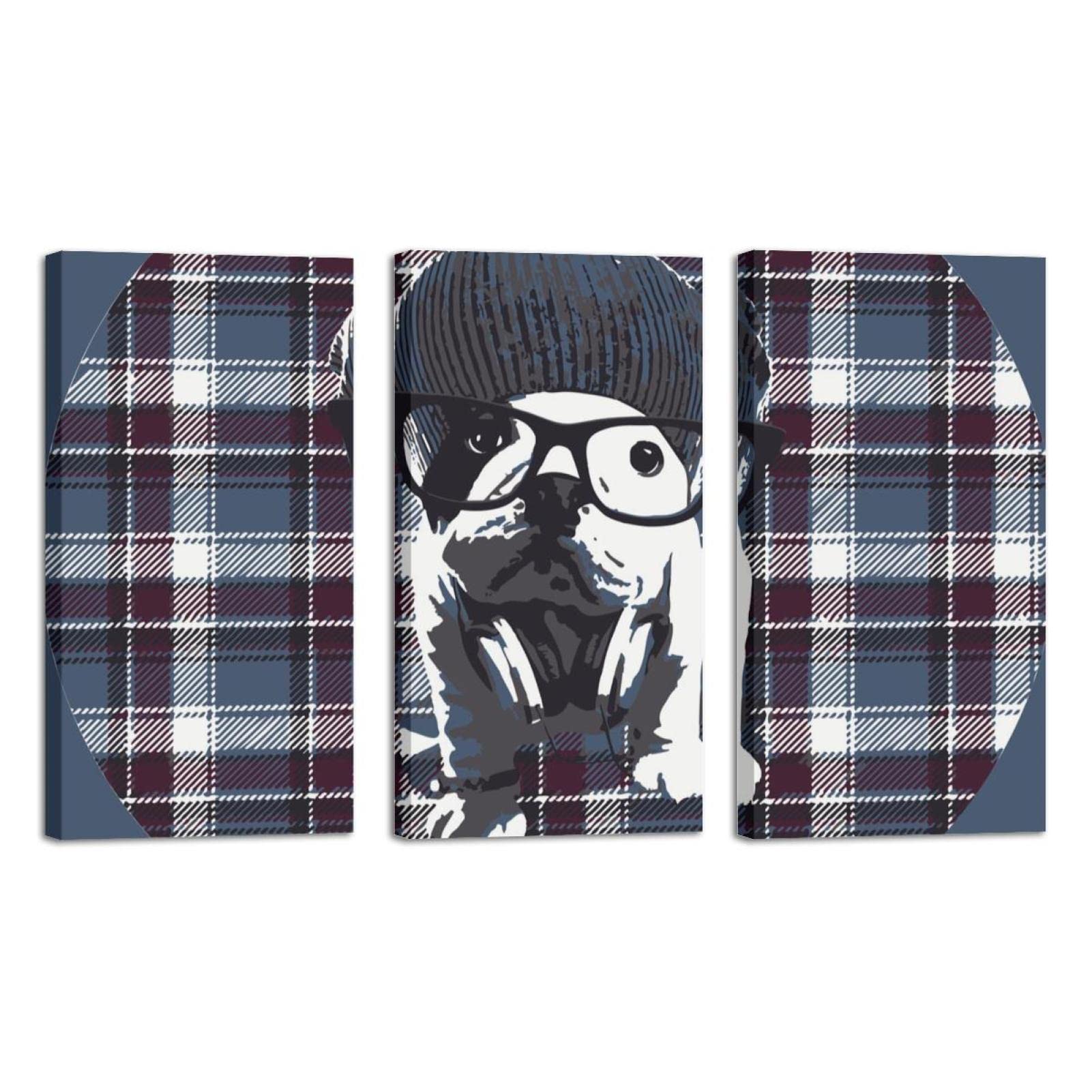Dog with Glasses Plaid Framed Oil Painting Wall Art - 20x40 Inch Modern Home Decor for Living Room, Bedroom & Office - Ready to Hang Canvas Artwork