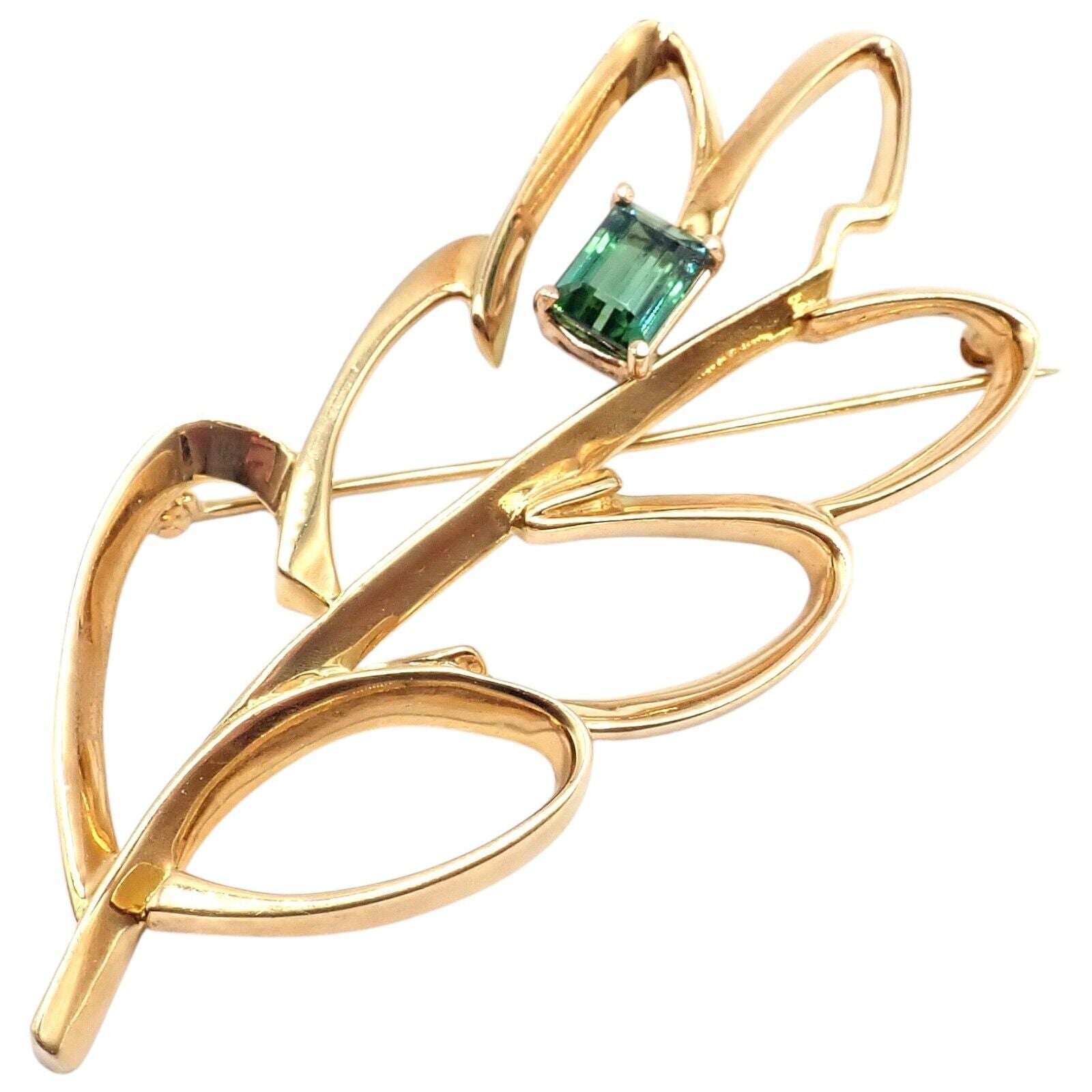 Vintage Tiffany & Co Paloma Picasso 18k Yellow Gold Green Tourmaline Leaf Brooch Pin - Elegant Jewelry for Women, Gift for Her, Perfect for Weddings & Special Occasions