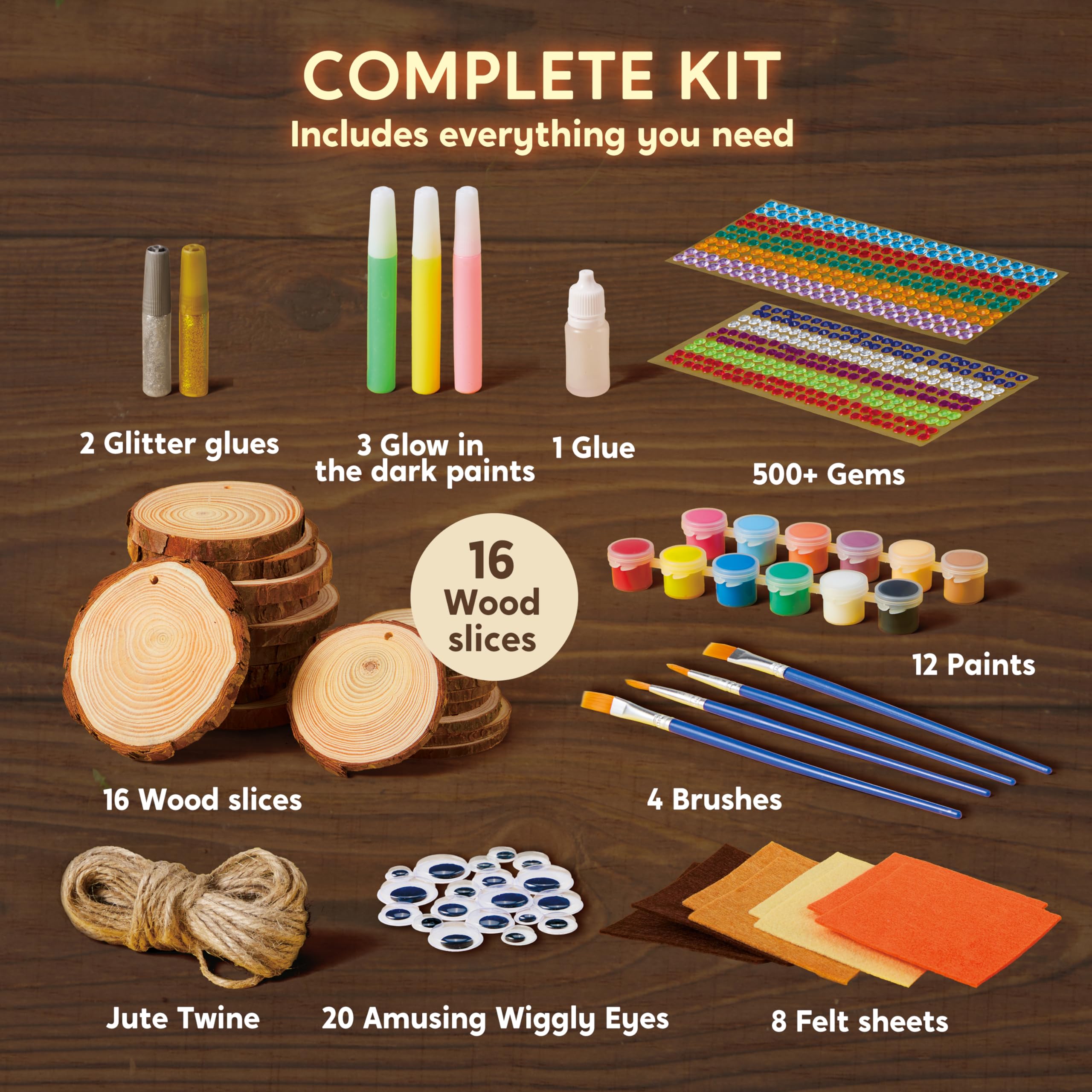 Klever Kits Wooden Painting Craft Kit - Glow in The Dark Art Supplies for Kids Ages 6-12 - DIY Wood Slices with Painting Activities - Creative Wood Crafts for Boys & Girls - Perfect for Birthday Parties, Easter Gifts & Family Art Projects