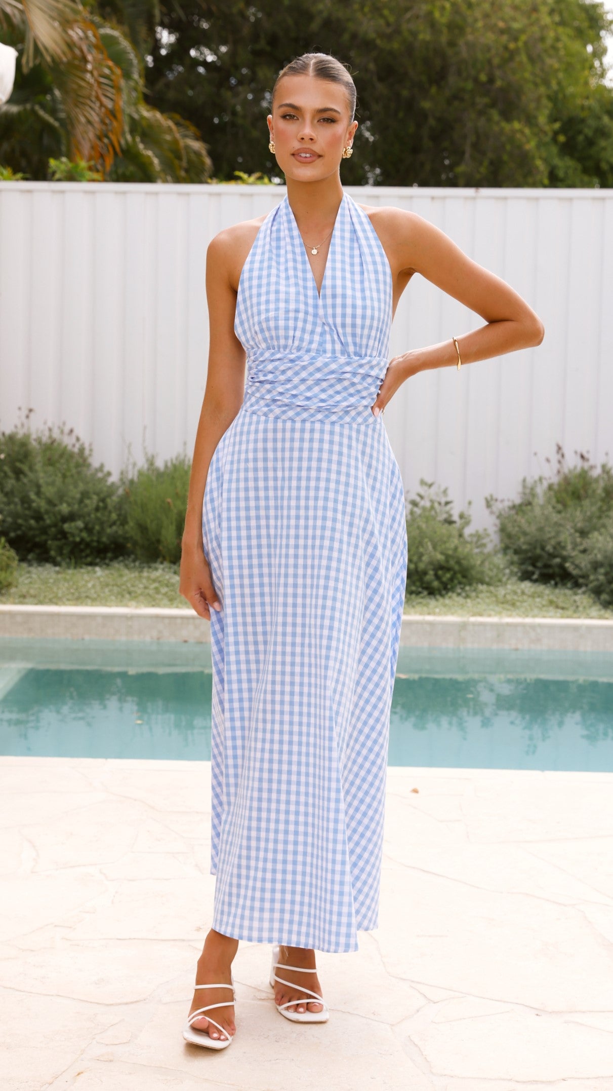 Brydie Halter Maxi Dress - Light Blue Gingham Floral Summer Dress for Women | Beach Cover Up, Vacation Outfit, Boho Chic Style