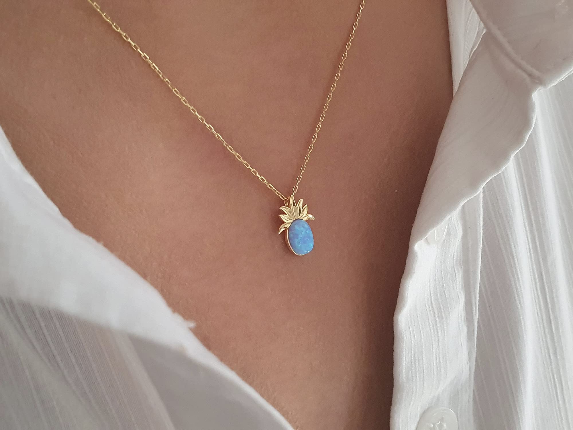 14K Solid Gold Pineapple Blue Opal Pendant Necklace - Dainty Blue Opal Jewelry for Women, Christmas Gift, Valentine's Day Gift, Mother's Day Gift (45cm, Yellow Gold) | Perfect for Everyday Wear, Special Occasions & Gift Giving