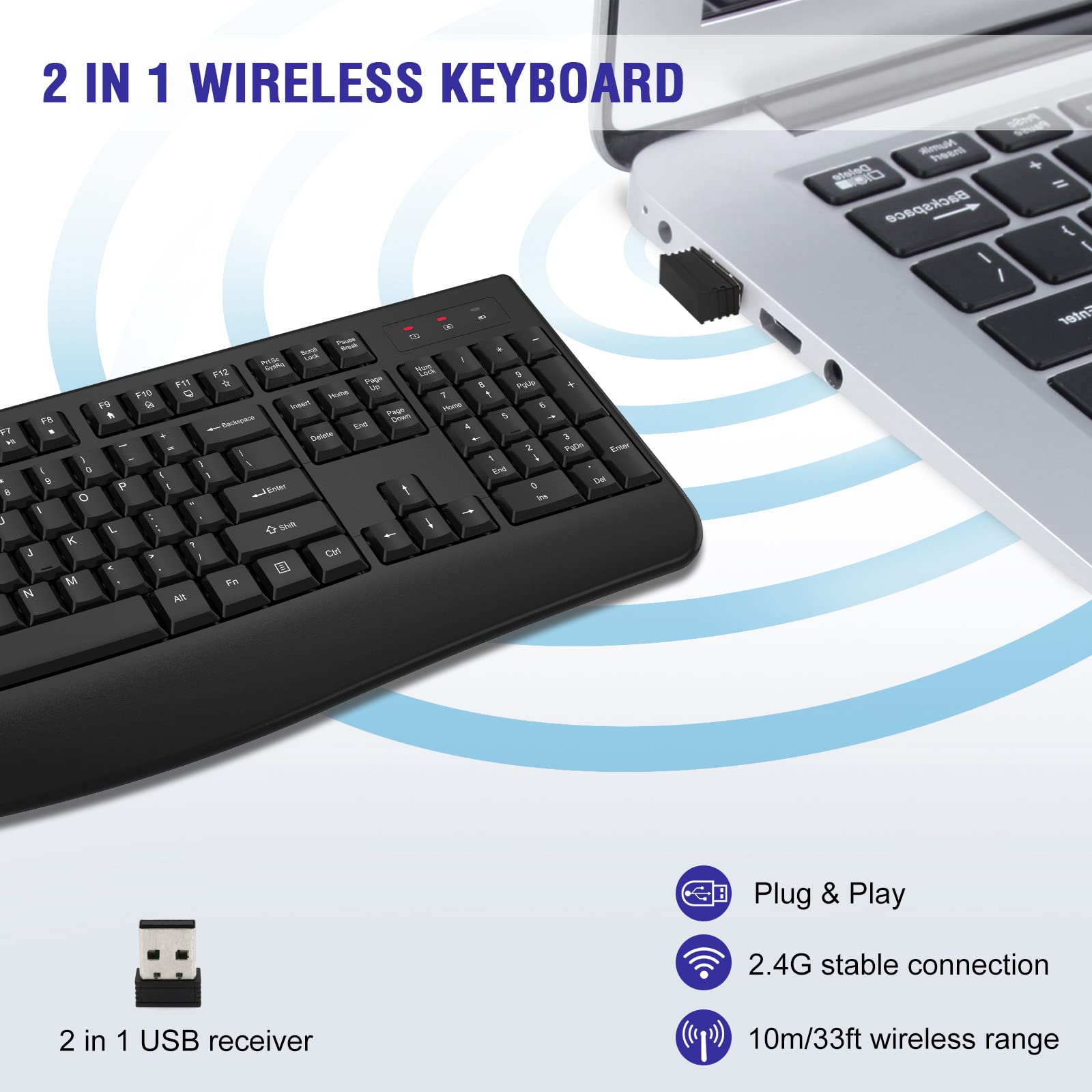 Ergonomic 2.4G Wireless Keyboard with Wrist Rest - Full-Sized Comfort for Windows & Mac - Perfect for Office, Home & Gaming (Black)
