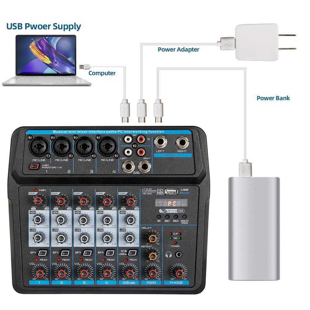 Professional 6-Channel Audio Mixer Sound Board - Digital Bluetooth USB Interface for Live Studio, DJ, KTV & Home Recording | Perfect for Music Production, Podcasting & Live Performances