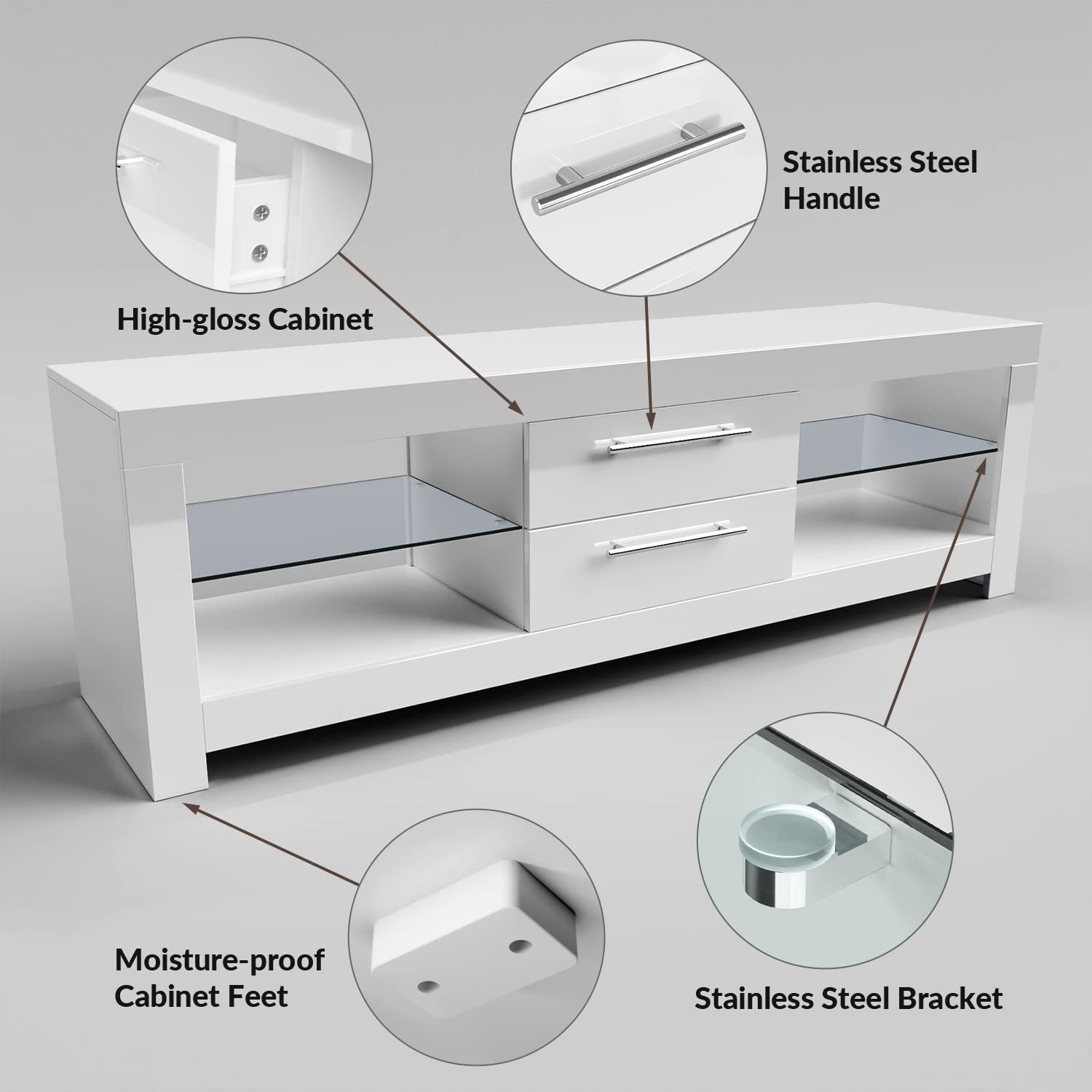 Modern White Glossy 1600mm LED TV Stand with Ambient Lighting - Storage Cabinet for 32-65 Inch 4K TVs - Elegant Living Room & Bedroom Furniture for Home Entertainment Setup