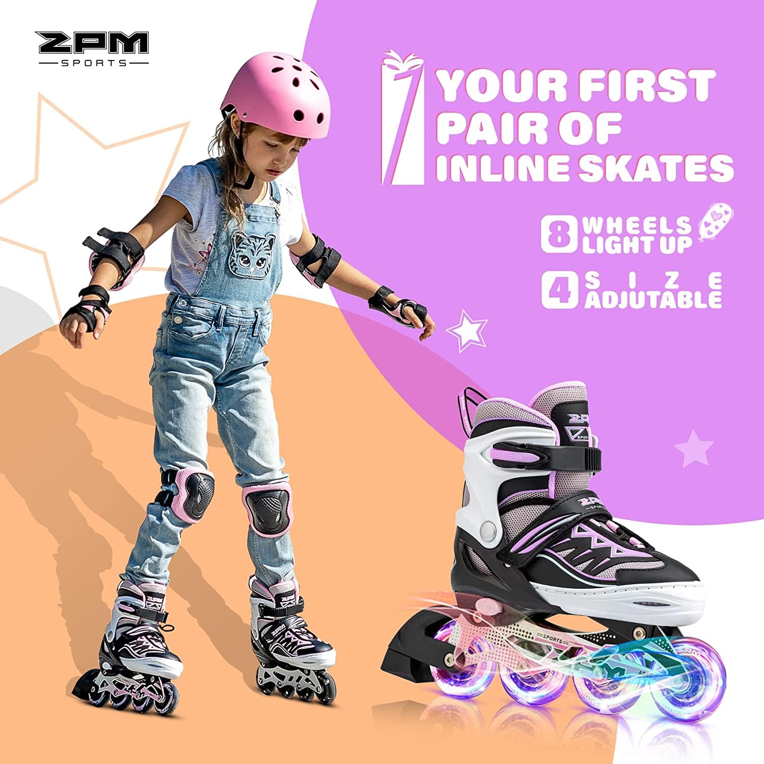 2PM SPORTS Cytia Adjustable Size Inline Skates with Full LED Light Wheels - Rollerblades for Kids, Women & Men - Perfect for Outdoor Fun, Fitness & Night Skating