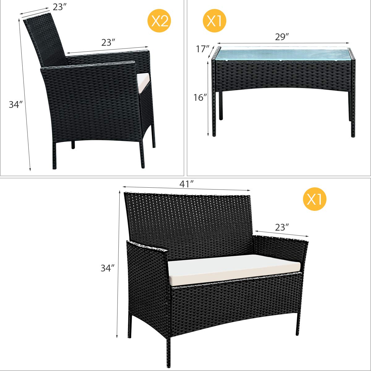 Casart 4-Piece Rattan Patio Furniture Set with Glass Top Coffee Table & Removable Cushions - Outdoor Wicker Sofa Set for Garden, Lawn, Poolside & Backyard Relaxation