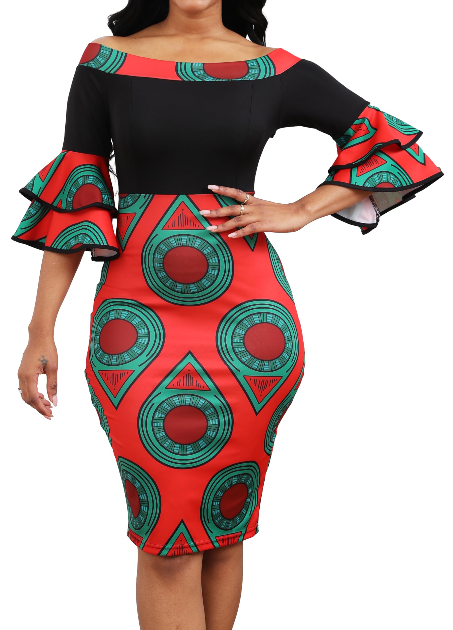Sexy African Print Dress for Women - Elegant Off Shoulder Ruffled Sleeve Pencil Dress | Perfect for Date Night, Parties & Special Occasions