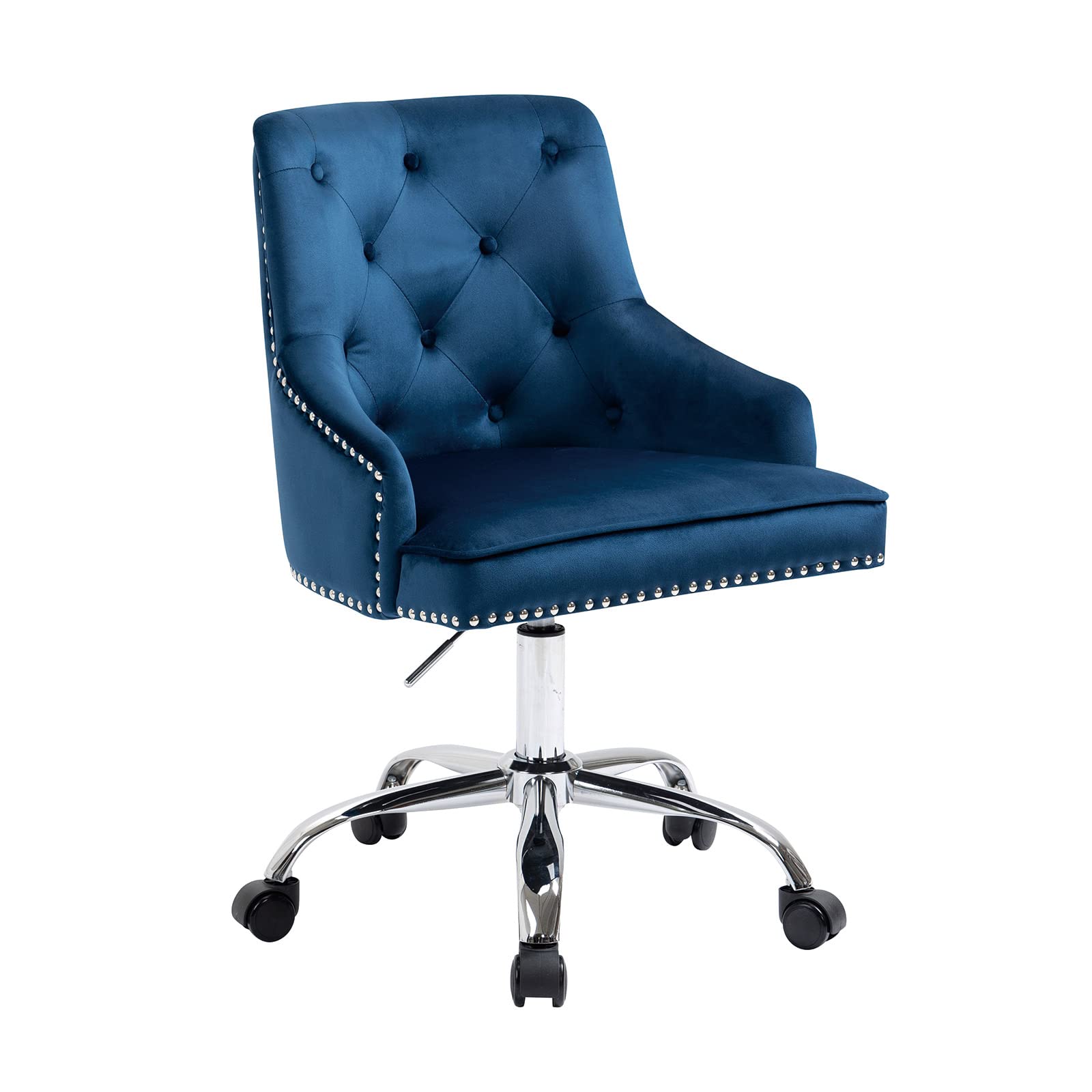 Velvet Home Office Chair - Modern Mid-Back Desk Chair with Nailhead Trim, Adjustable Height & Swivel Wheels, Ergonomic Armchair with Metal Base for Office, Living Room, Bedroom or Vanity (Blue) - Perfect for Working from Home, Studying or Relaxing
