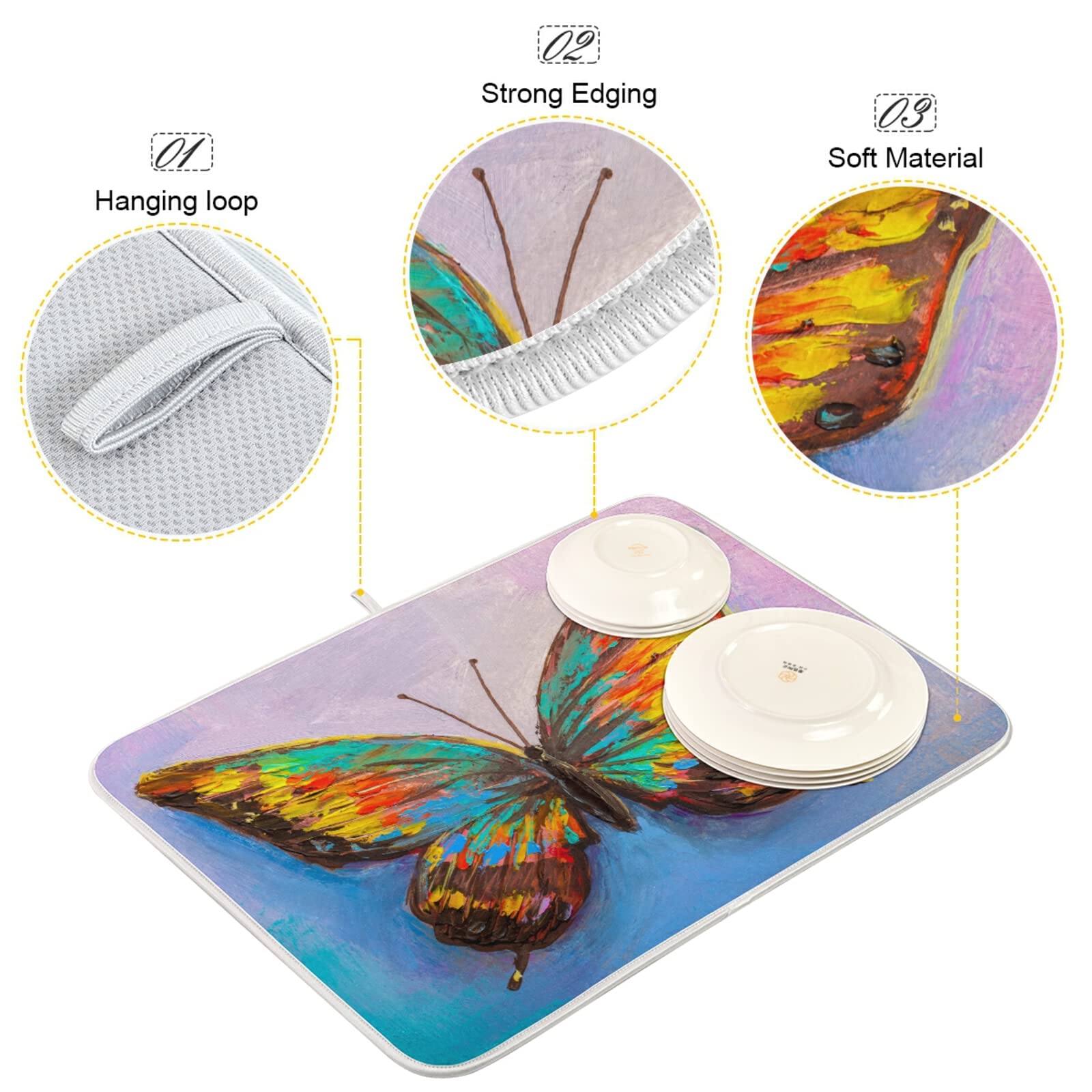 Butterfly Painting Dish Drying Mat - Absorbent Fast Dry Kitchen Countertop Pad, Non-Slip Dish Drainer Rack Mat - Perfect for Drying Dishes, Utensils & Cookware After Washing