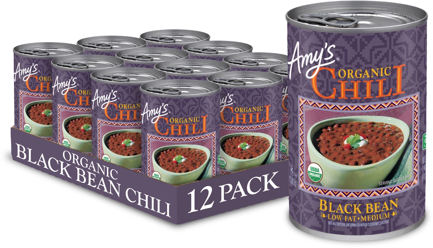 Amy's Organic Vegan Medium Black Bean Chili - Gluten Free, Low Fat, Non-GMO - 14.7 Oz (12 Pack) - Perfect for Quick Lunches, Camping & Emergency Food Storage