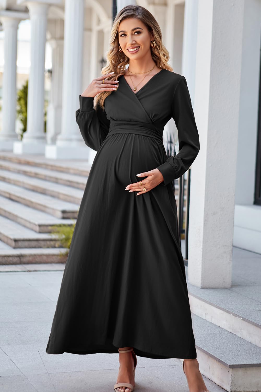 OUGES Maternity Maxi Dress - Long Sleeve Wrap V-Neck Pregnancy Dress for Baby Shower, Photoshoot & Fall Season | Comfortable Maternity Clothes for Special Occasions
