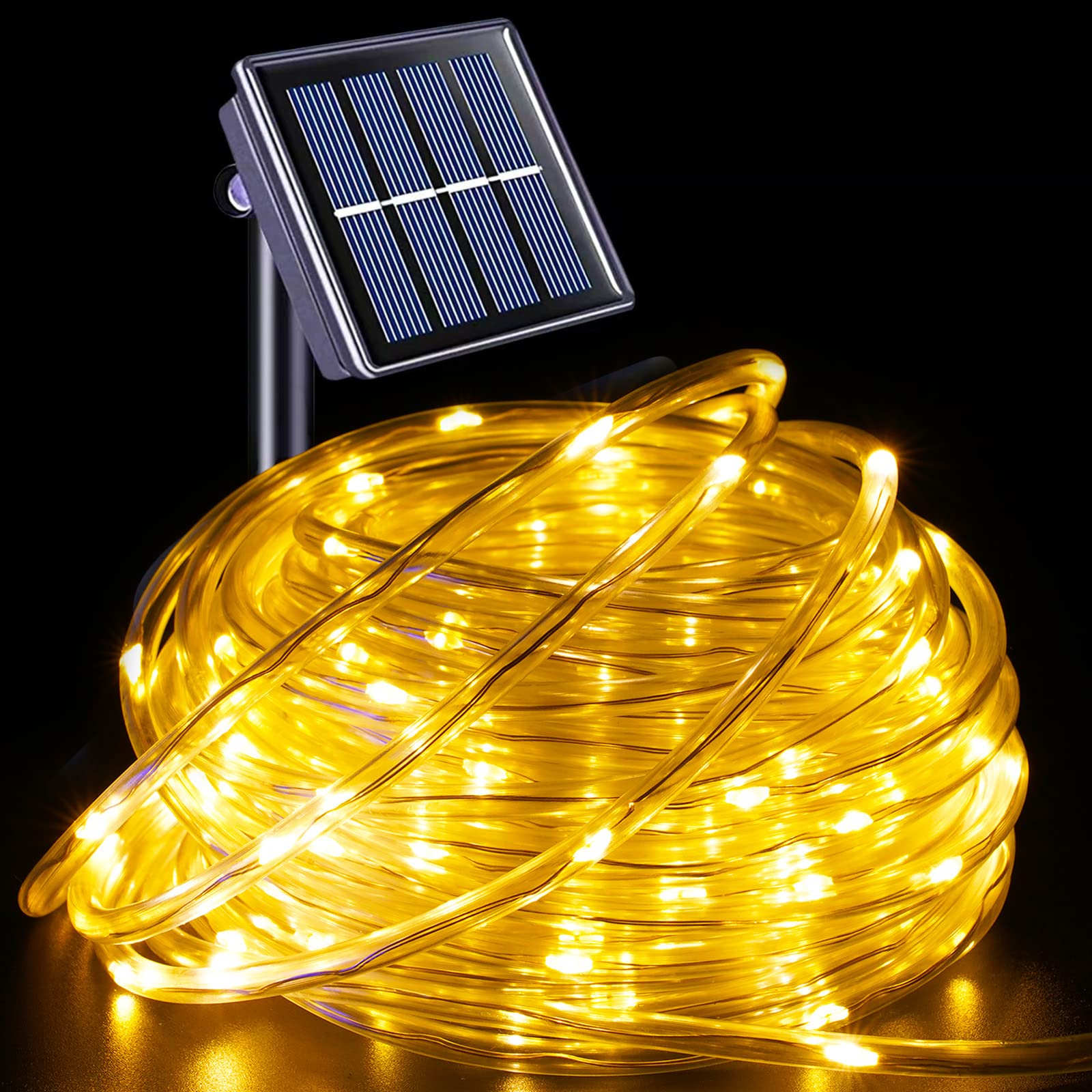 200 LED Solar Rope Lights Outdoor Waterproof - 66ft Warm White String Lights with 8 Modes - Clear Thin Tube Fairy Lights for Camping, Fence, Patio, Garden, Trampoline, Deck - Perfect for Backyard Parties, Wedding Decor & Holiday Lighting