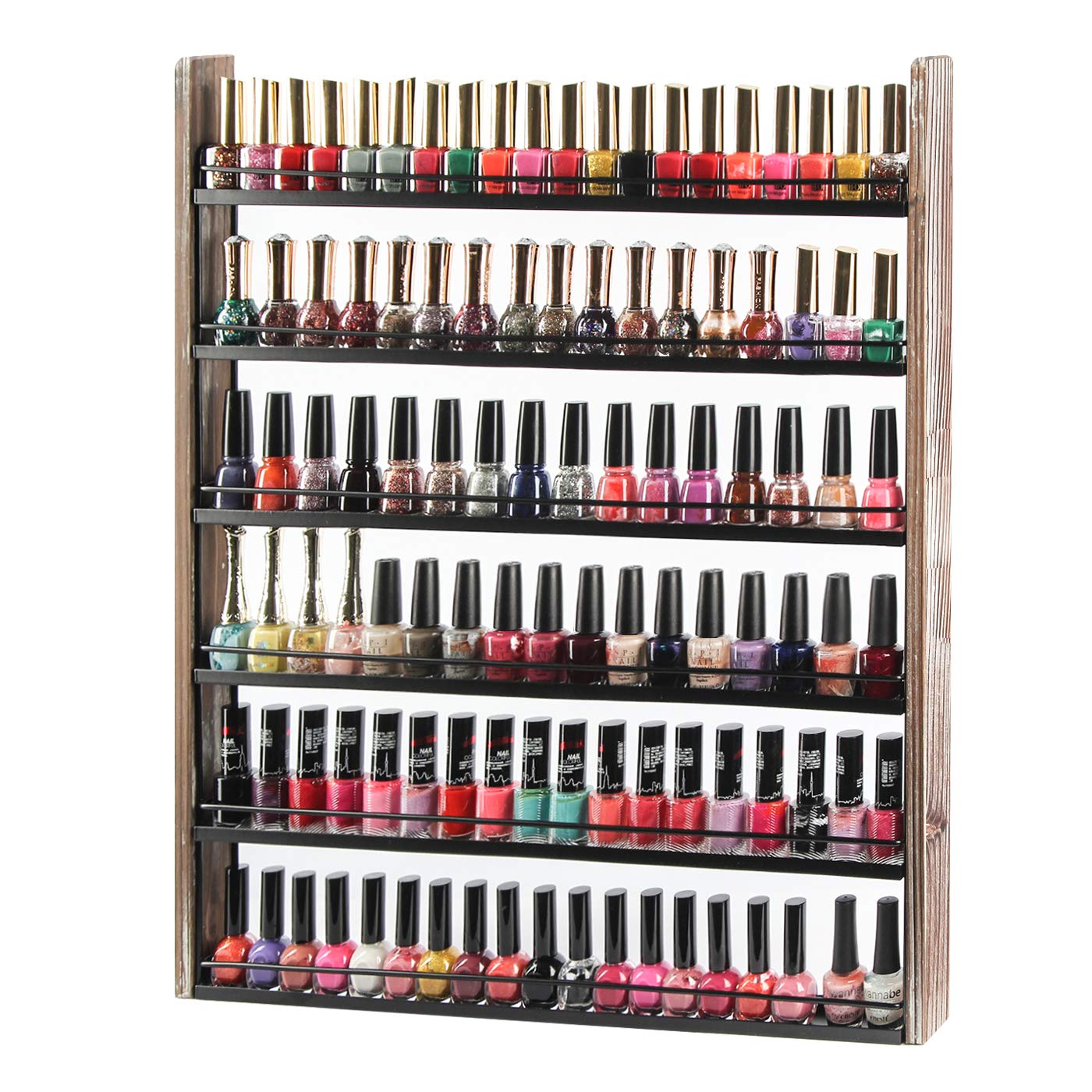 Rustic Wood Nail Polish Organizer - 6 Tier Wall Mount Display Rack Holds 100 Bottles, Perfect for Nail Salon, Bedroom & Dressing Room Storage | Makeup Bottle Holder & Cosmetic Organizer | MK528A by J JACKCUBE DESIGN