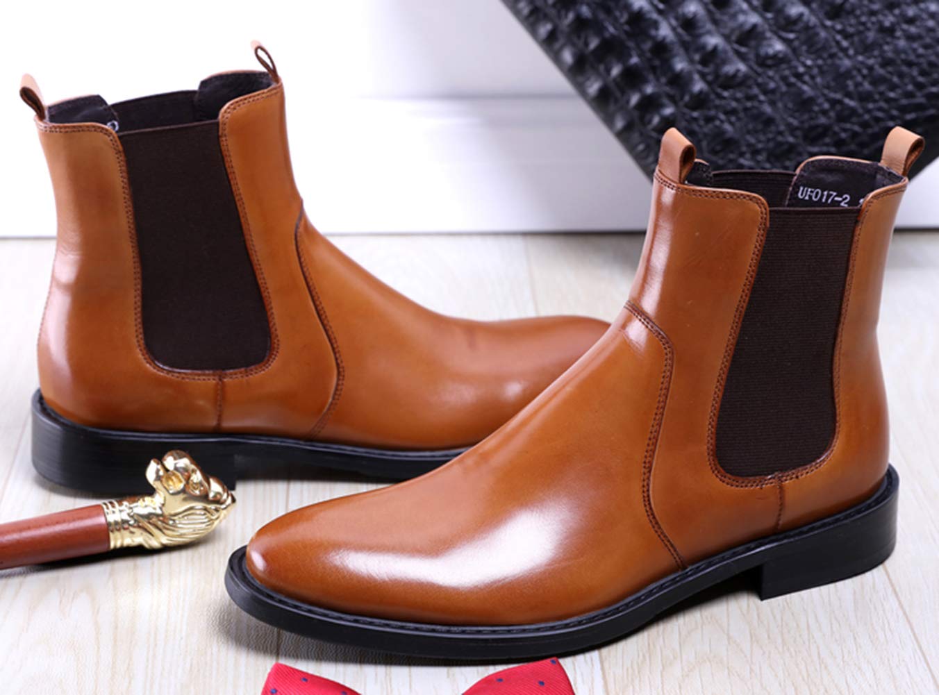 Santimon Men's Chelsea Ankle Boots - Suede Leather Casual Shoes for Men in Black & Tan | Comfortable Slip-On Booties for Work, Date Night & Everyday Wear