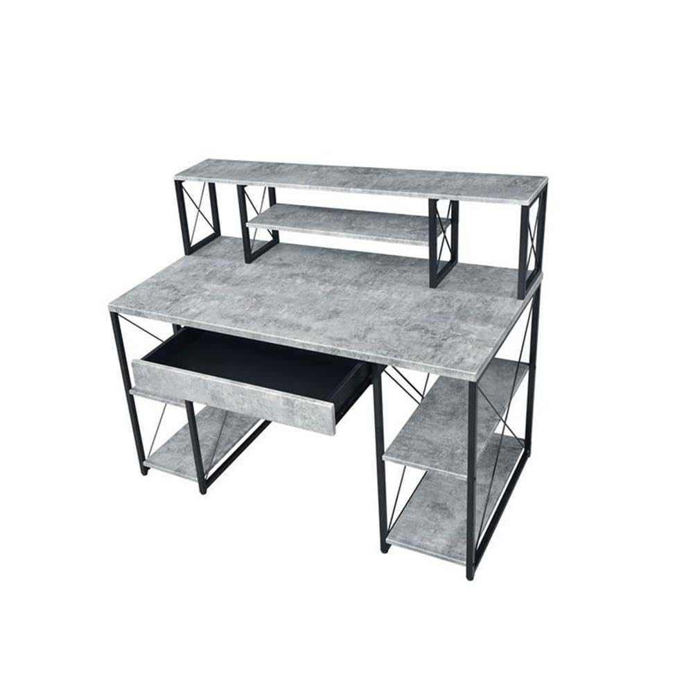Acme Amiel Wooden 1-Drawer Writing Desk in Faux Concrete & Black - Modern Home Office Desk for Small Spaces, Study & Work from Home