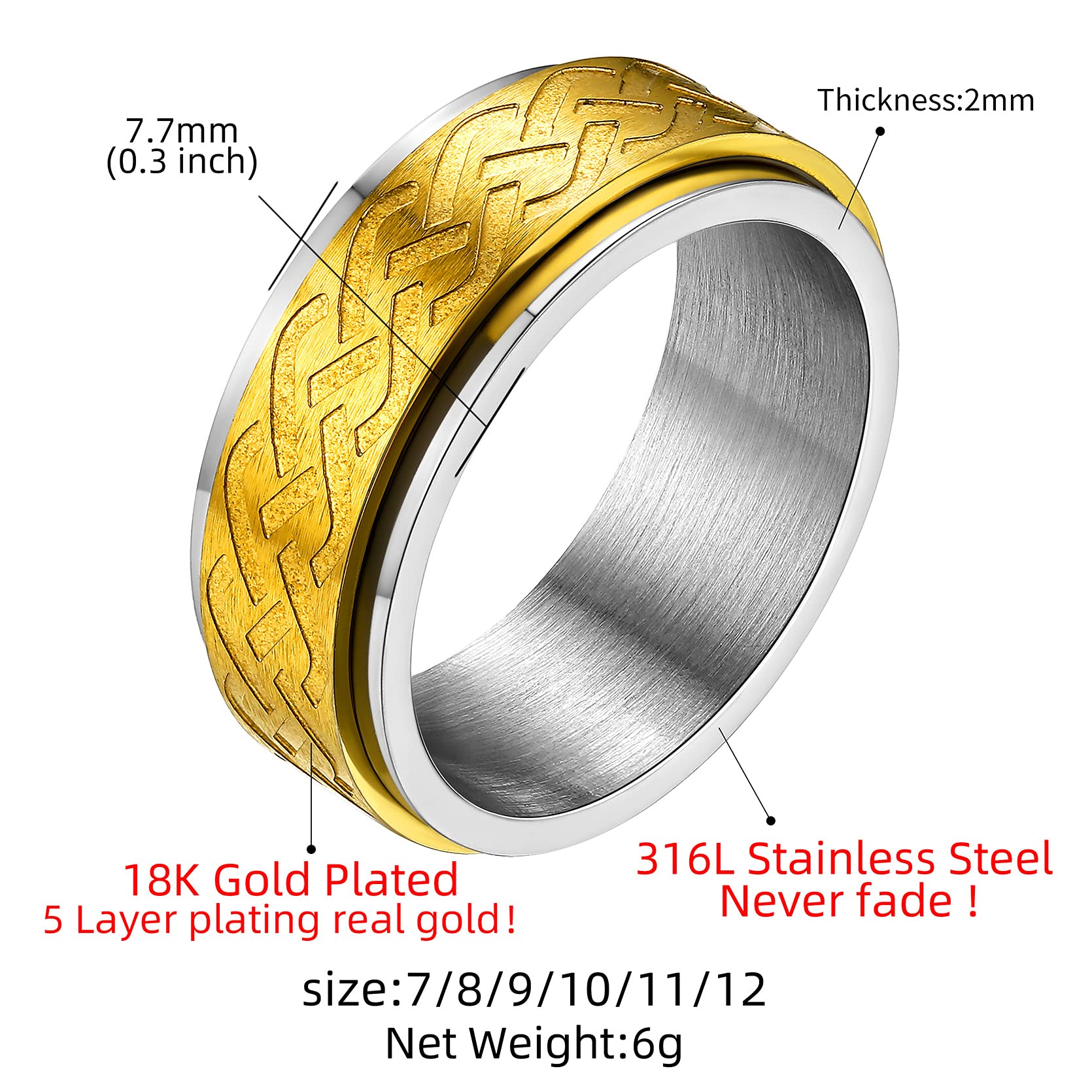GOLDCHIC Spinner Ring for Men & Women - Sand Blast Finish Celtic Fidget Band Ring for Anxiety Relief - Titanium Steel Worry Ring in Black & 18K Gold Plated (8mm, Size 7-12) - Perfect for Stress Relief, Meditation & Focus - Includes Gift Box
