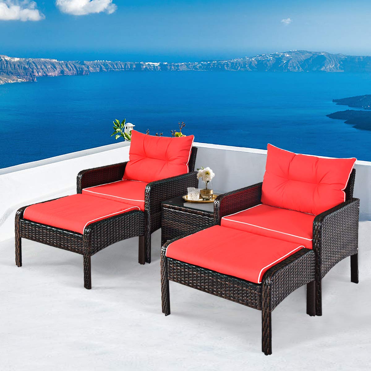 HappyGrill 5-Piece Patio Furniture Set - Outdoor Rattan Wicker Conversation Set with Coffee Table, Cushioned Sofas & Ottoman - Perfect for Garden, Backyard, and Poolside Relaxation