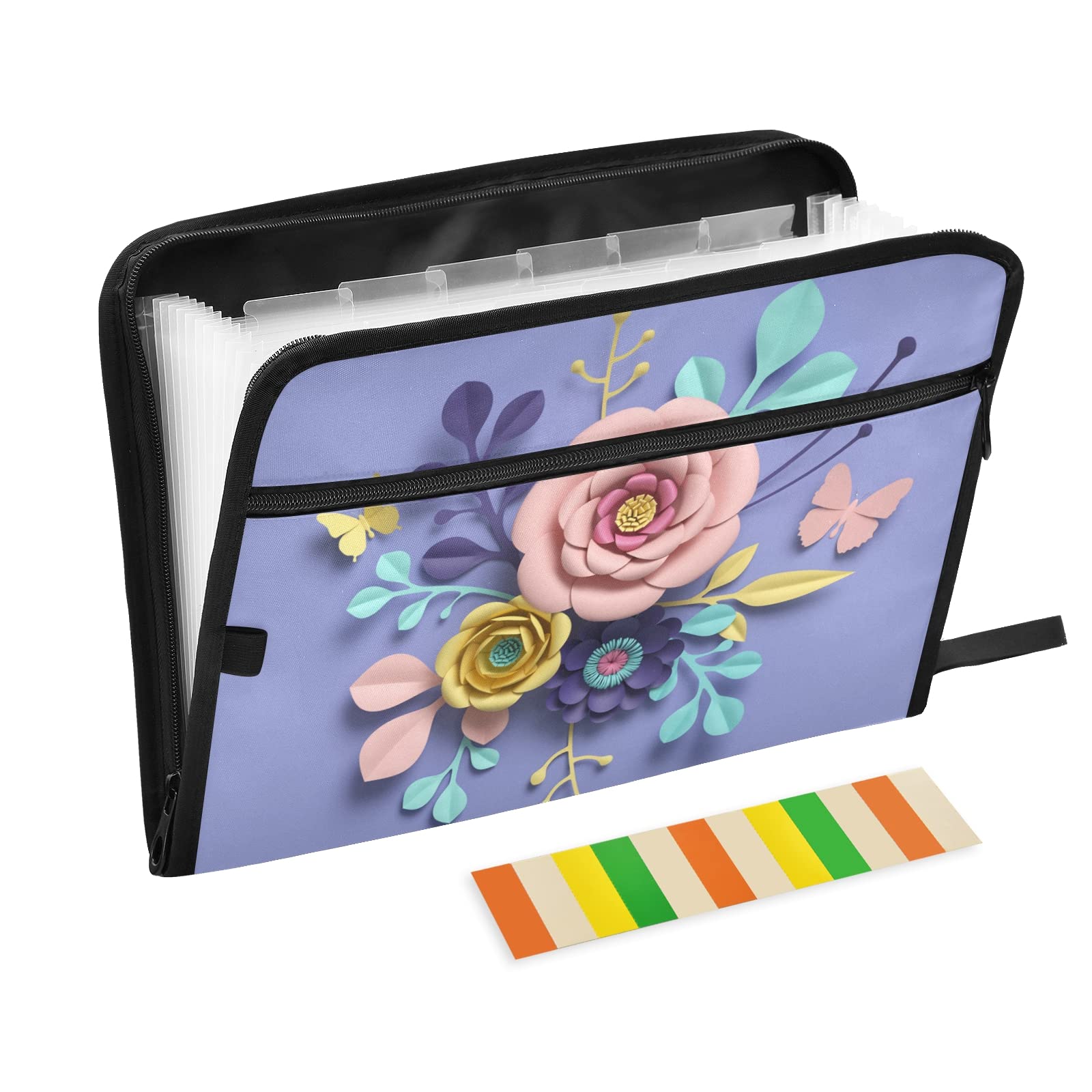 KFBE Pink Flowers Expanding File Folder with Sticky Labels - 13 Pocket Accordion Organizer for Letter/A4 Documents - Zipper Closure Expanding Zip File (20811277) - Perfect for Office, School & Home Organization