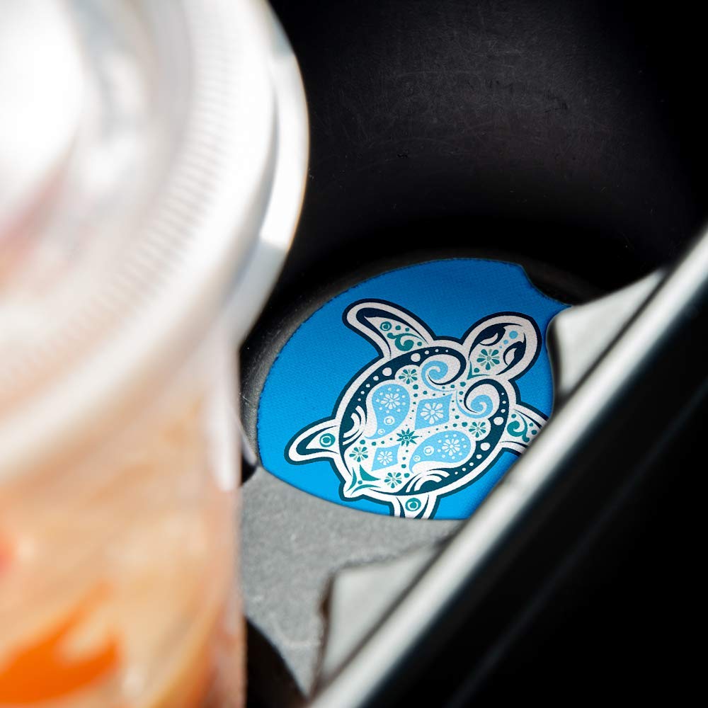 Blue Sea Turtle Car Coasters Set of 2 - Absorbent Drink Coasters with Non-Slip Rubber Backing (2.56 Inches) - Perfect Car Accessories for Coffee, Soda & Beverages - Ideal for Road Trips, Commuting & Daily Driving