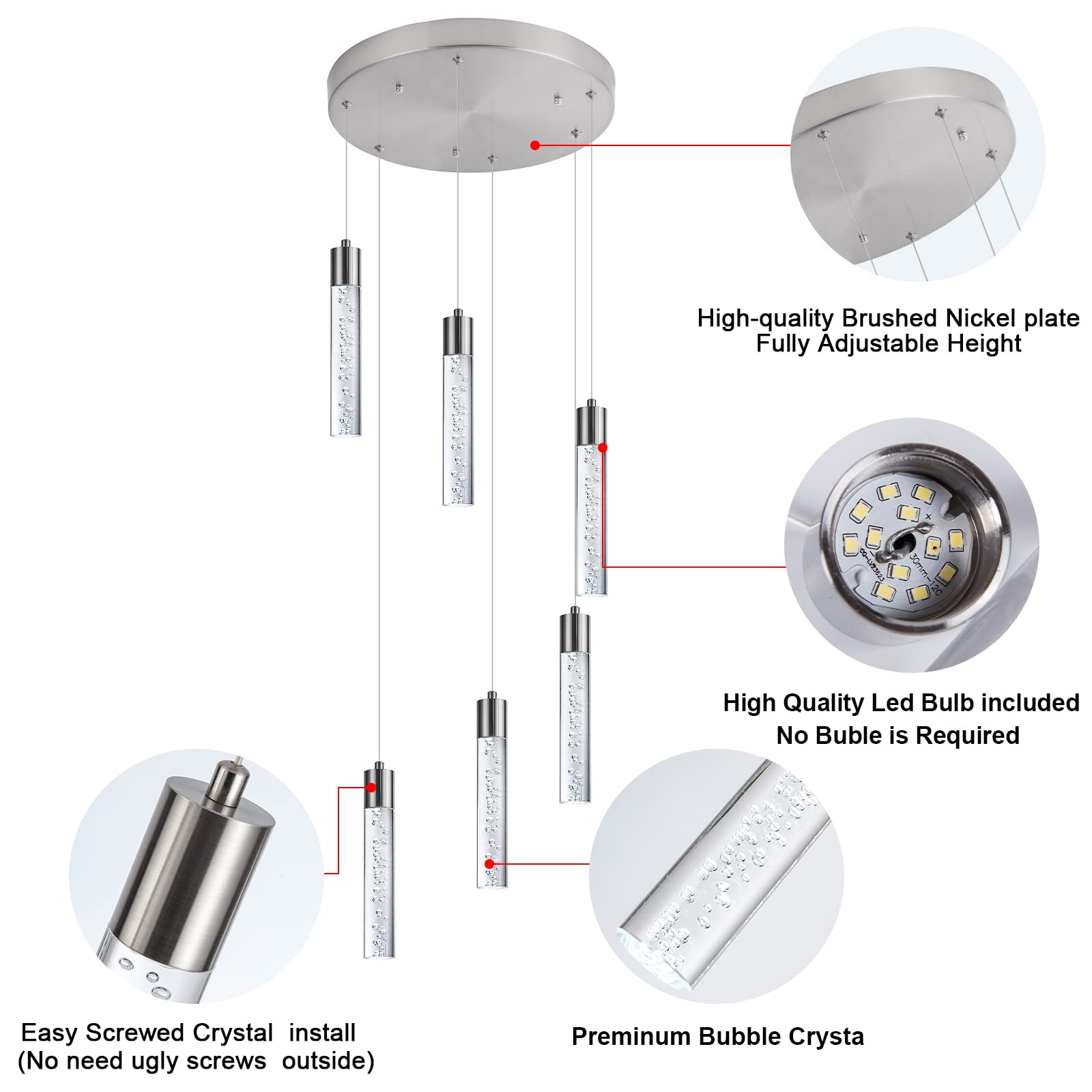 Modern Chandeliers for High Ceilings - Brushed Nickel Foyer Pendant Lighting with Premium Bubbles - 6-Light Dimmable Kitchen Island Pendant Light for Dining Room, Bar & Entryway - Perfect for Contemporary Homes and Luxury Restaurants