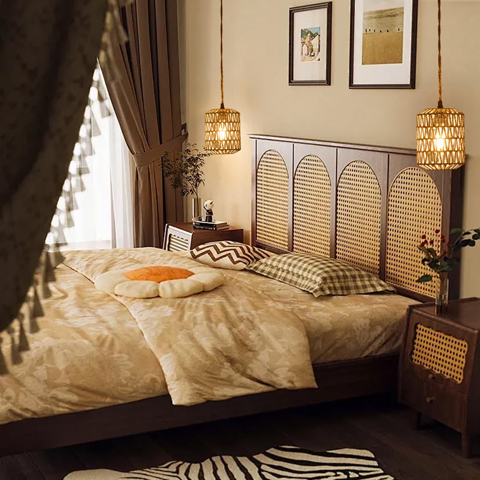 Rattan Plug-in Pendant Light with 15ft Cord & On/Off Switch - Hand Woven Wicker Chandelier - Boho Hanging Lamp for Bedroom, Kitchen, Hallway, Foyer - Perfect for Farmhouse, Apartment & Dining Room Decor