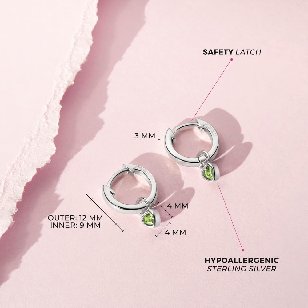 925 Sterling Silver Petite Simulated Birthstone Heart Charm Hoop Earrings for Girls 12mm - Cubic Zirconia CZ Stud Earrings - Dainty Birthstone Jewelry for Teens - Perfect for Birthdays, Gifts & Everyday Wear