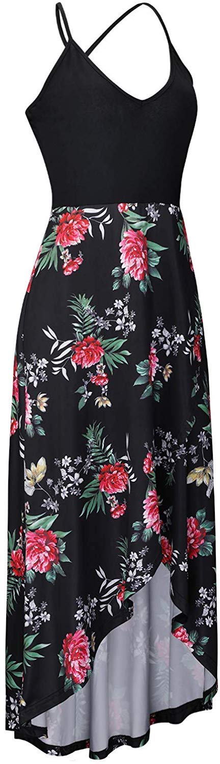 Women's Floral Patchwork Maxi Dress - V Neck Sleeveless Asymmetrical Summer Dress for Beach, Vacation & Outdoor Parties | Lightweight Flowy Boho Chic Dress