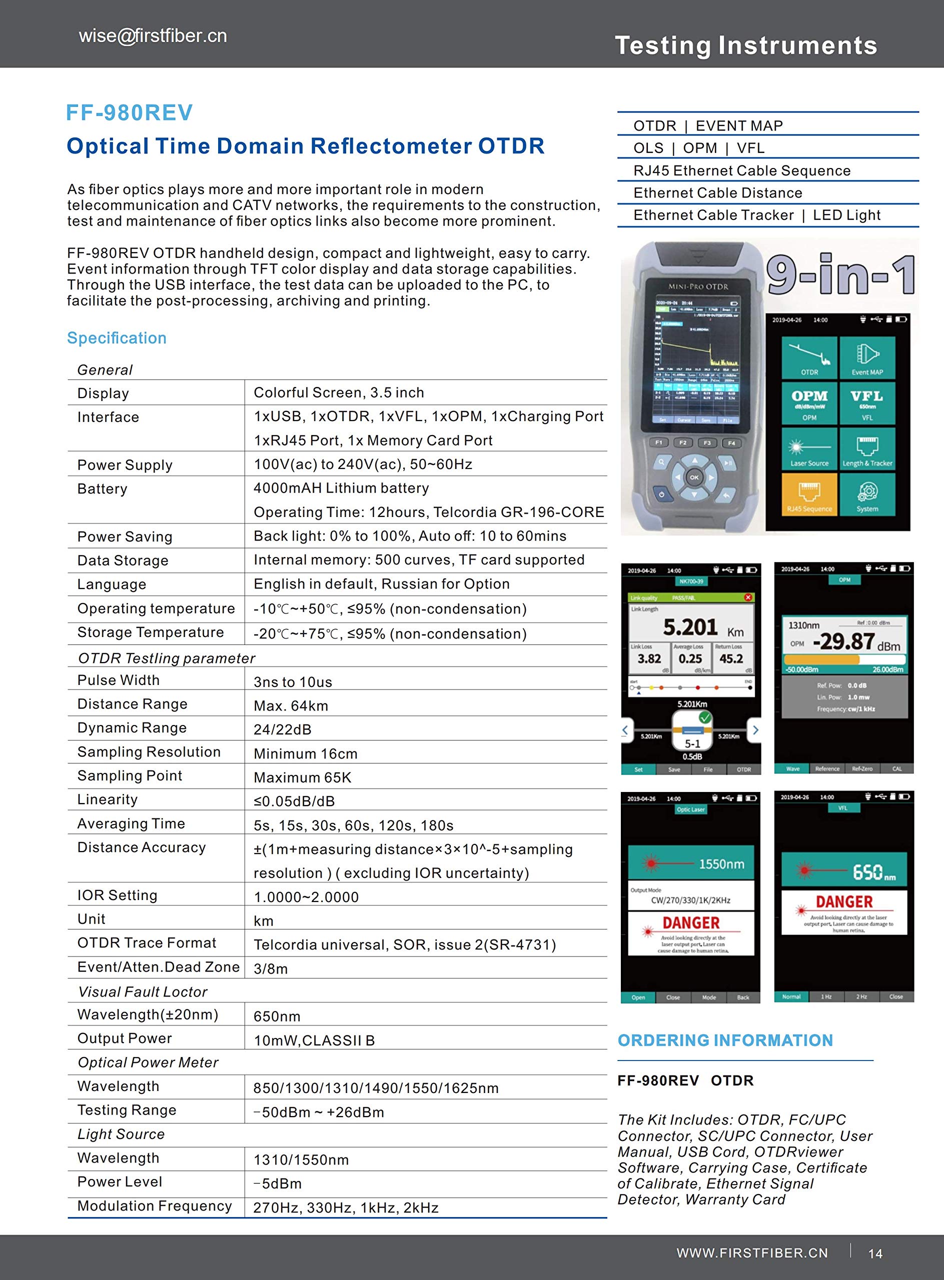 Professional Mini OTDR Fiber Optic Reflectometer - 9-in-1 Function with VFL, OLS, OPM & Event Map | 24dB Range for 64km Fiber Cable & Ethernet Testing | Ideal for Network Installation, Maintenance & Troubleshooting