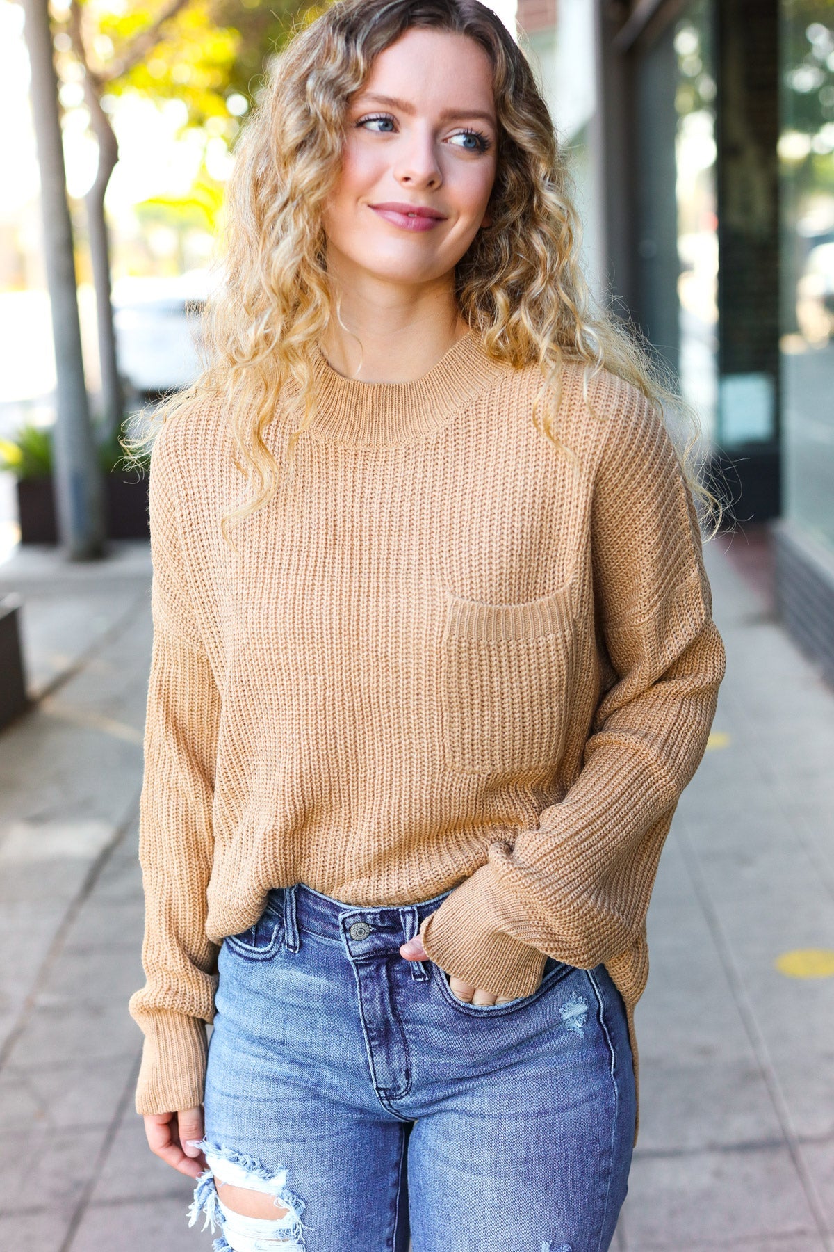 Elegant Taupe Mock Neck Knit Sweater with Chest Pocket - Women's Casual Winter Pullover for Office & Date Night