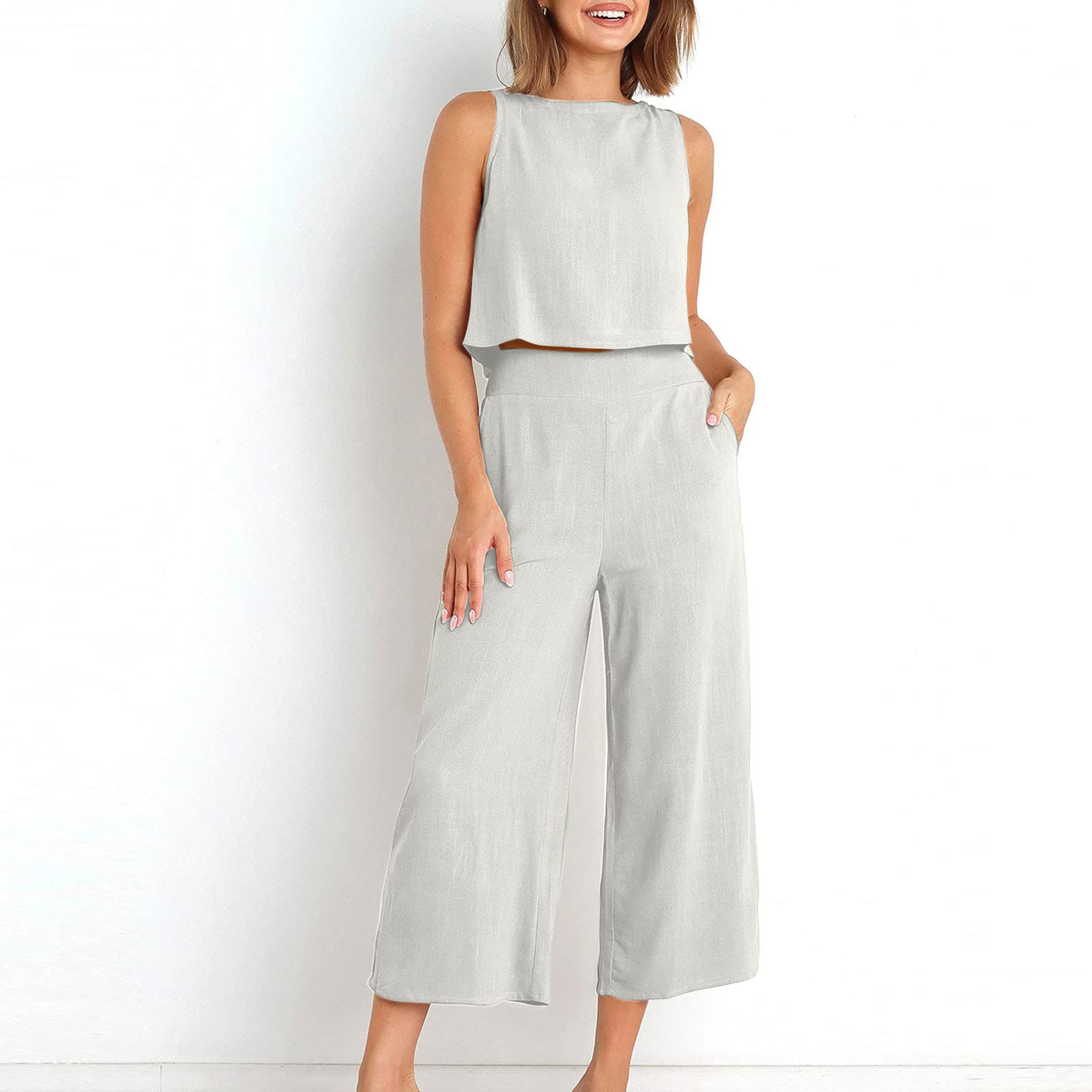 Women's 2-Piece Summer Outfit - Linen Crop Top & High Waist Wide Leg Pants Set | Lounge Wear, Beach Vacation, Casual Street Style