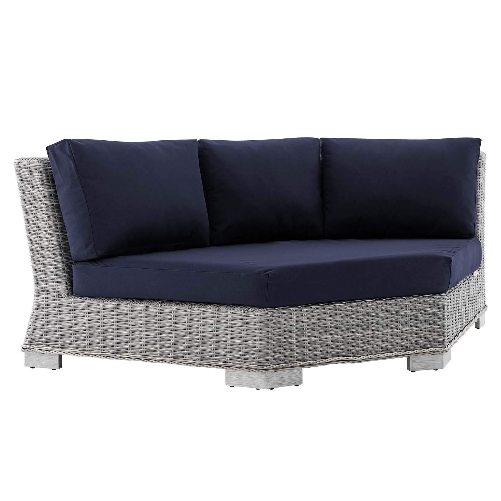 Modway Conway Sunbrella Outdoor Patio Wicker Rattan Round Corner Chair - Light Gray Navy - Weather-Resistant Lounge Chair for Poolside, Garden & Backyard Relaxation