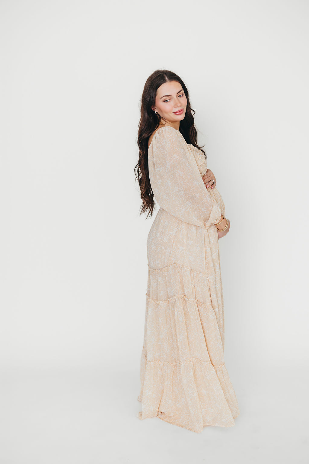 Daphne Long Sleeve Maxi Dress - Light Beige/White Floral Print | Bump Friendly Maternity & Inclusive Sizing (XS-3XL) | Perfect for Pregnancy, Weddings & Special Occasions
