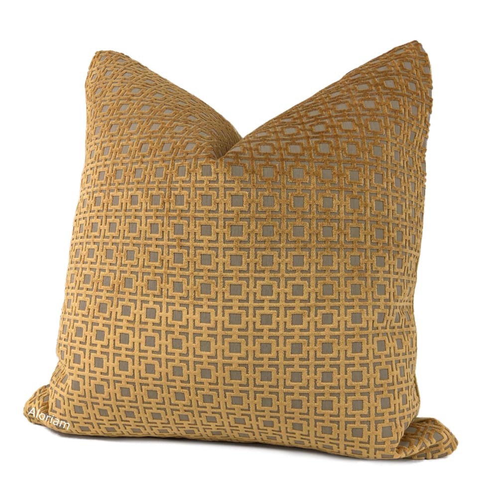 Quattro Amber Gold Geometric Square Lattice Cut Velvet Pillow Cover - Luxury Decorative Throw Pillow Case for Sofa, Bed & Home Decor
